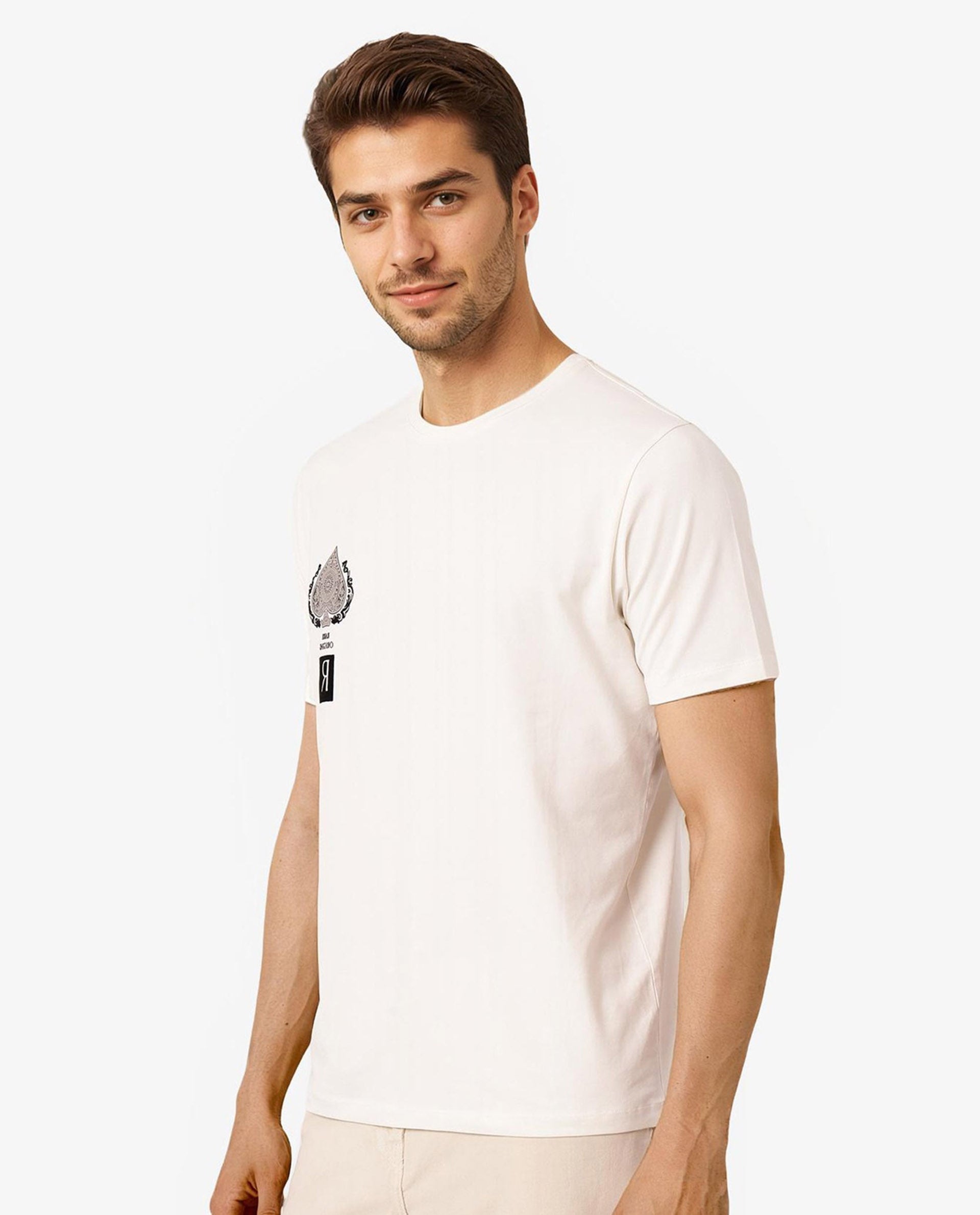 Rare Rabbit Men Rabo Off White Cotton Lycra Fabric Short Sleeve Crew Neck Regular Fit Flock HD Graphic Print T-Shirt