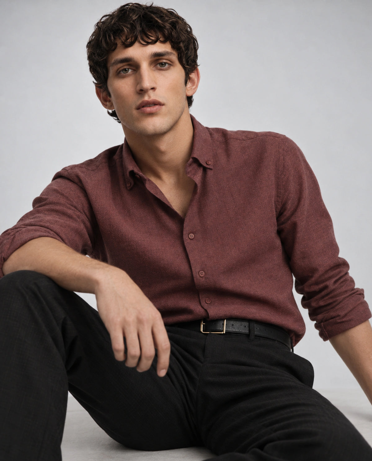 Rare Rabbit Men's Radio Dusky Red Cotton Spread Collar Button Regular Plain Shirt