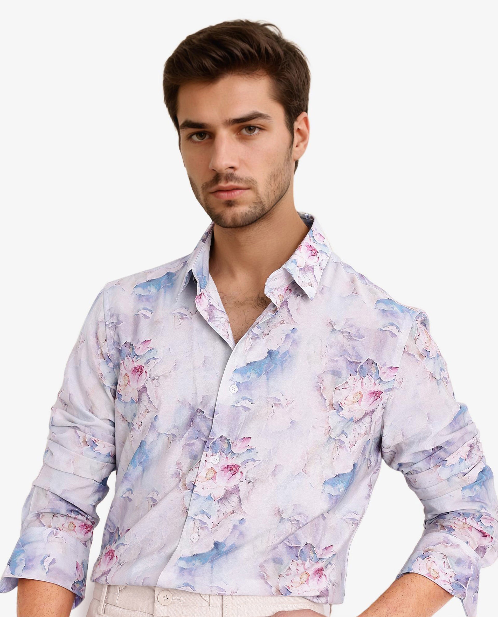 Rare Rabbit Men Raiko Pastel Purple Viscose Nylon Fabric Full Sleeve Regular Fit Floral Print Shirt