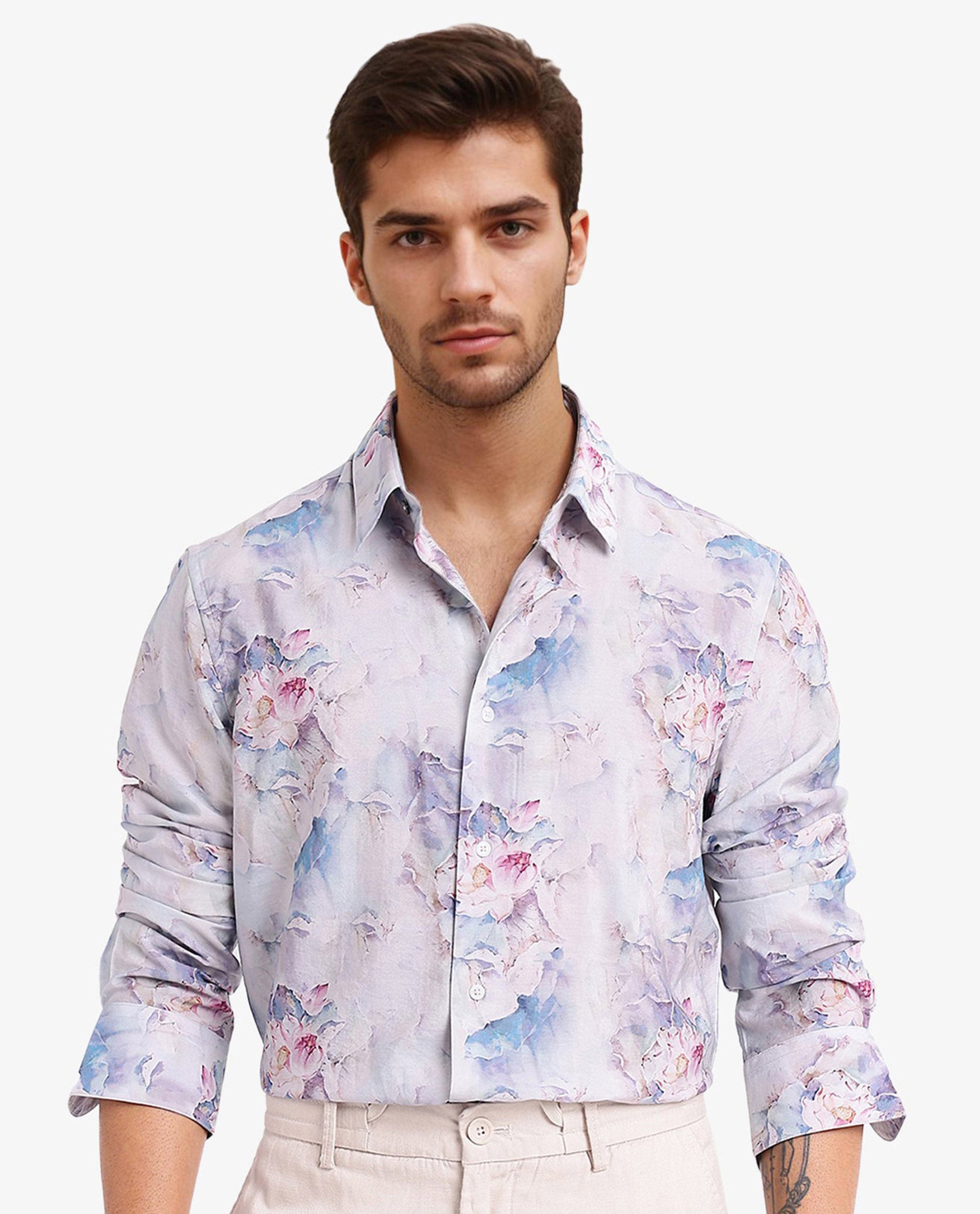 Rare Rabbit Men Raiko Pastel Purple Viscose Nylon Fabric Full Sleeve Regular Fit Floral Print Shirt