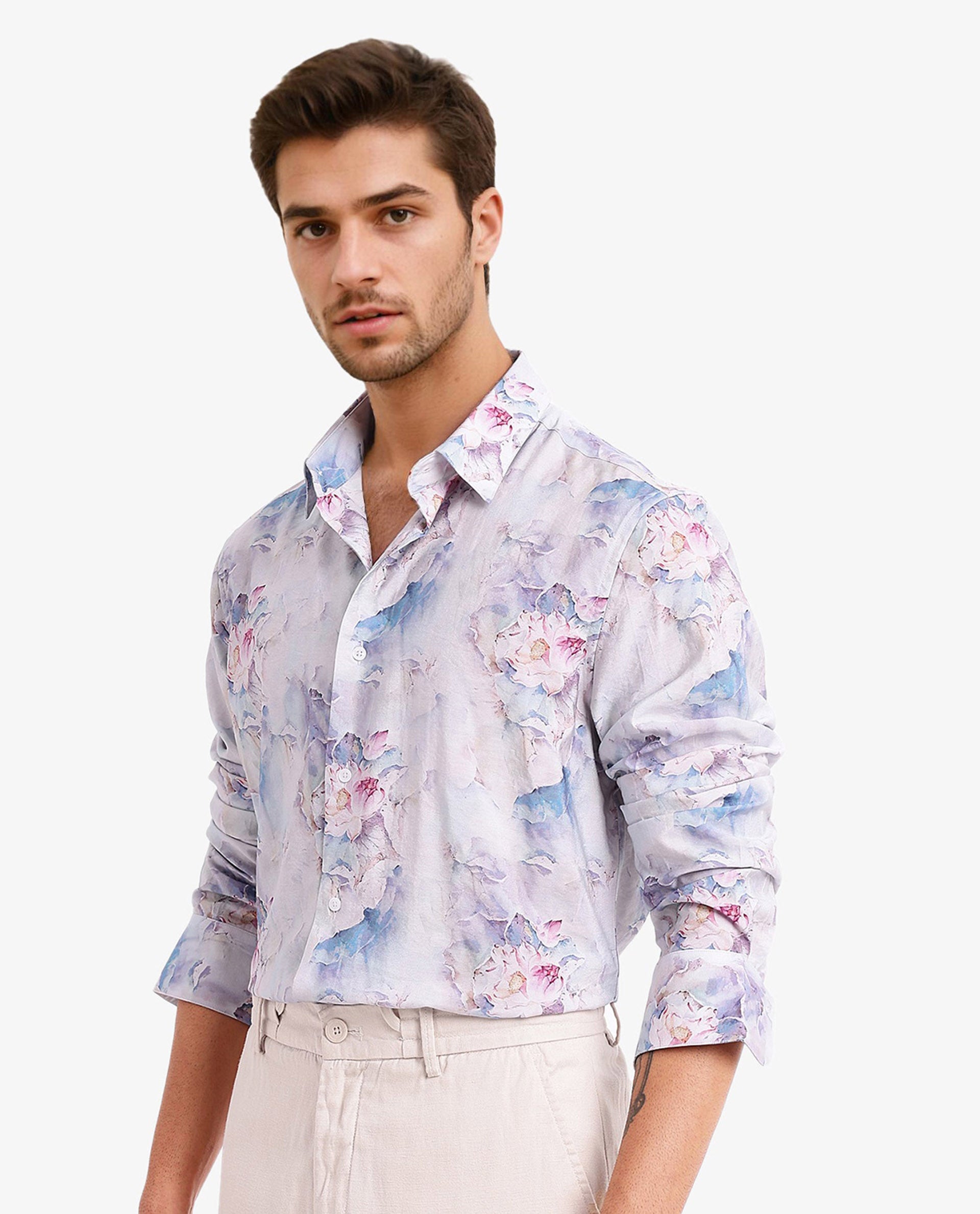 Rare Rabbit Men's Raiko Pastel Purple Viscose Floral Print Regular Fit