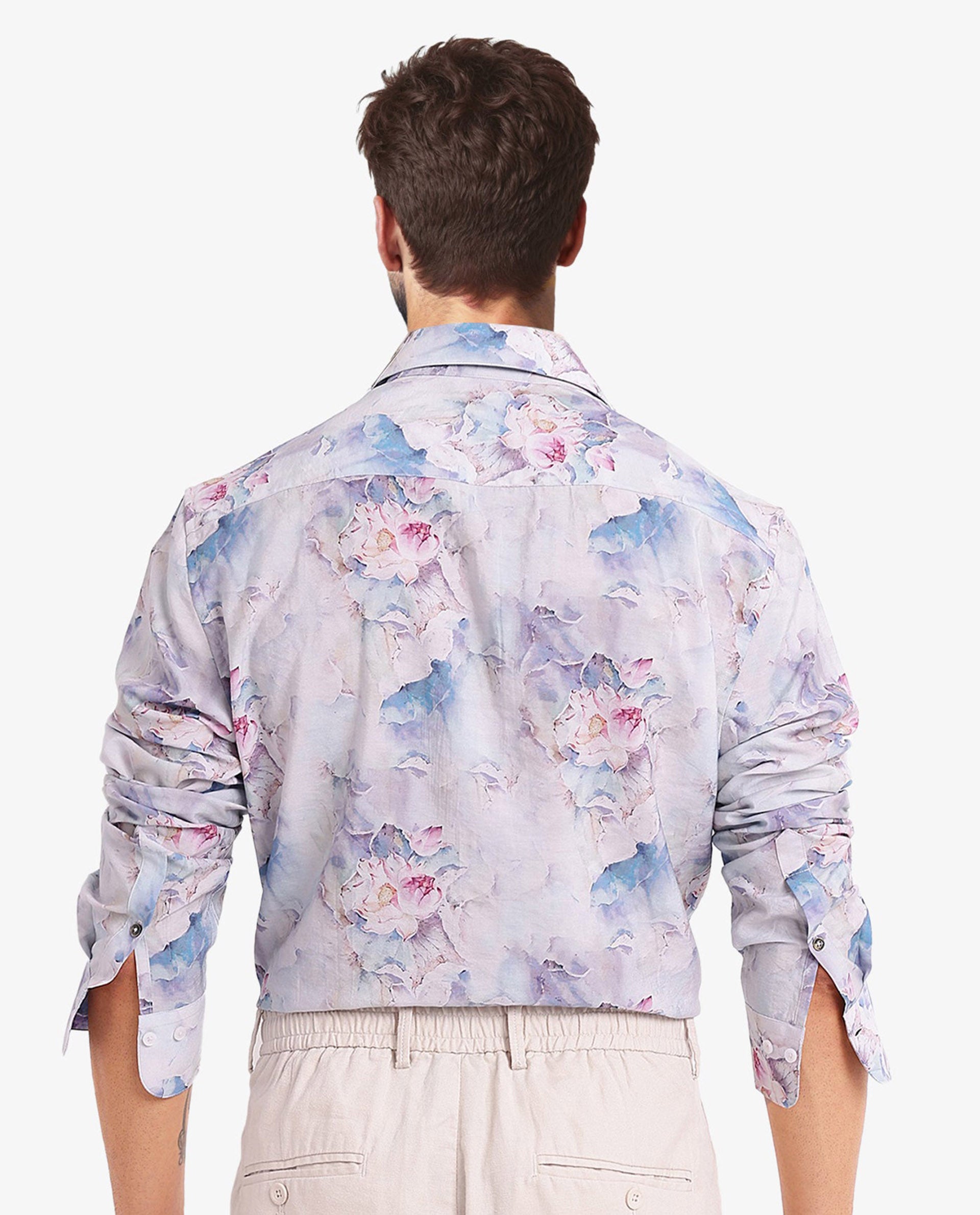 Rare Rabbit Men Raiko Pastel Purple Viscose Nylon Fabric Full Sleeve Regular Fit Floral Print Shirt