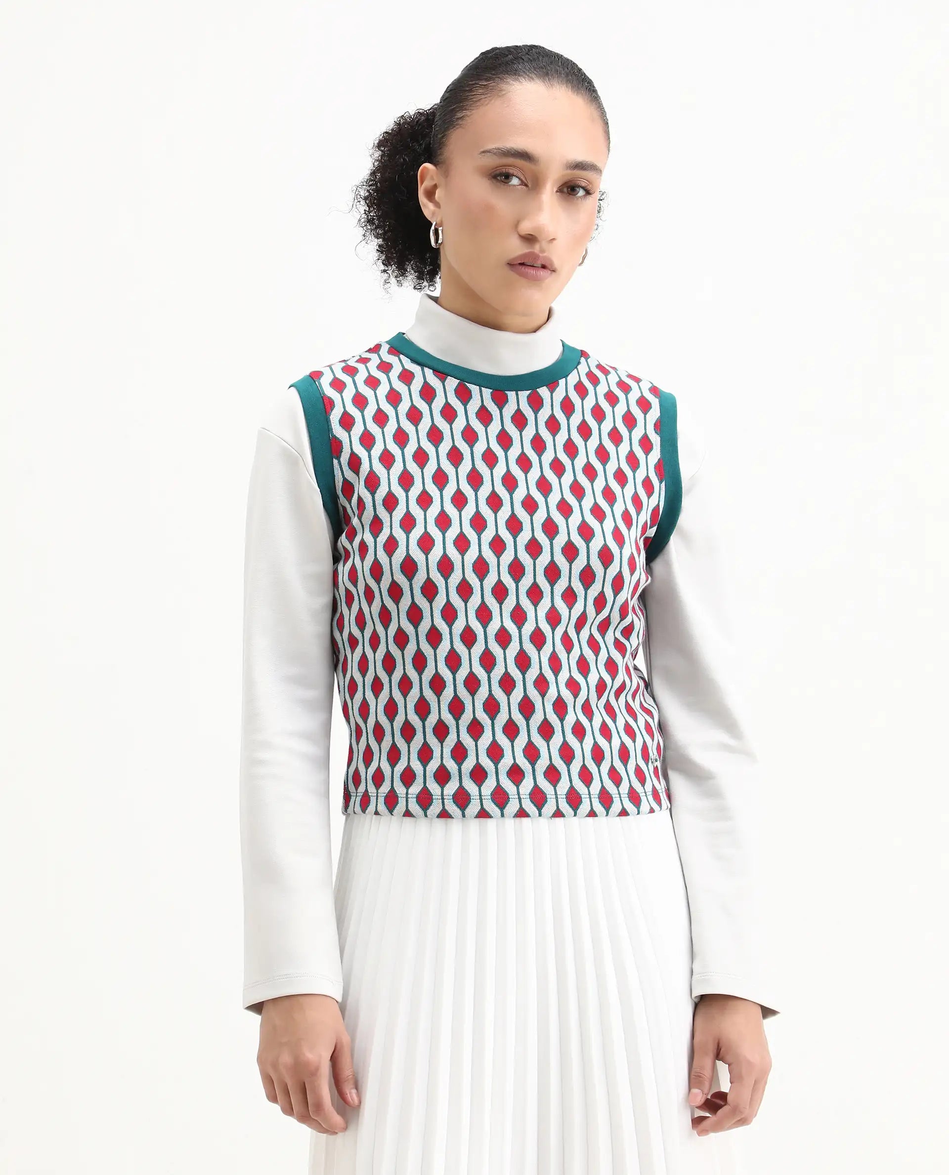 Rareism Women's Rako Multi Cotton Crew Neck Geometric Print Sleeveless Slim Fit Top