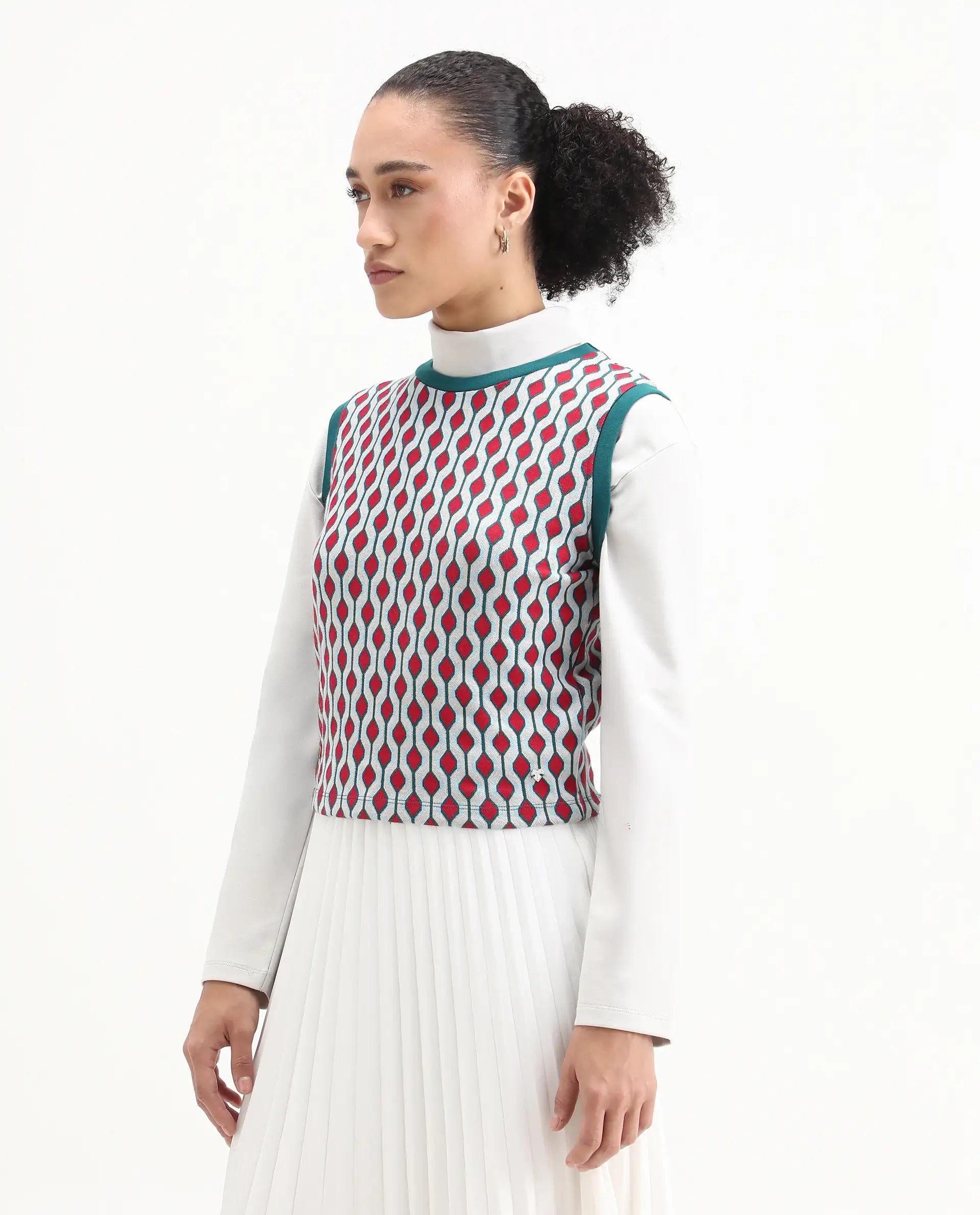 Rareism Women's Rako Multi Cotton Crew Neck Geometric Print Sleeveless Slim Fit Top