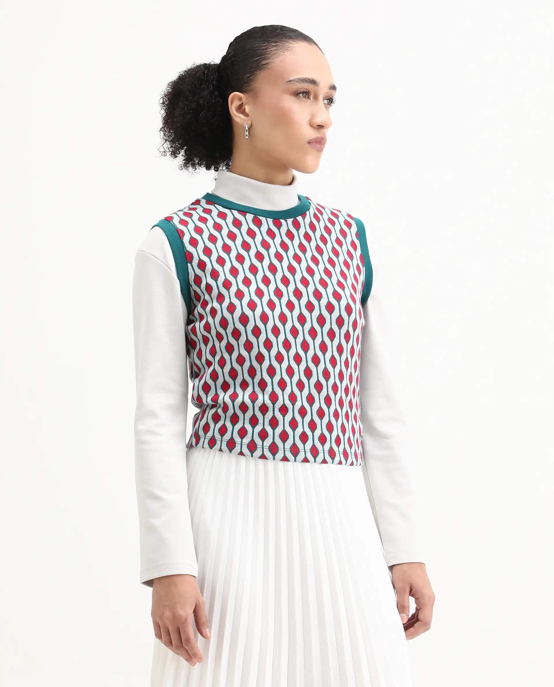 Rareism Women's Rako Multi Cotton Crew Neck Geometric Print Sleeveless Slim Fit Top