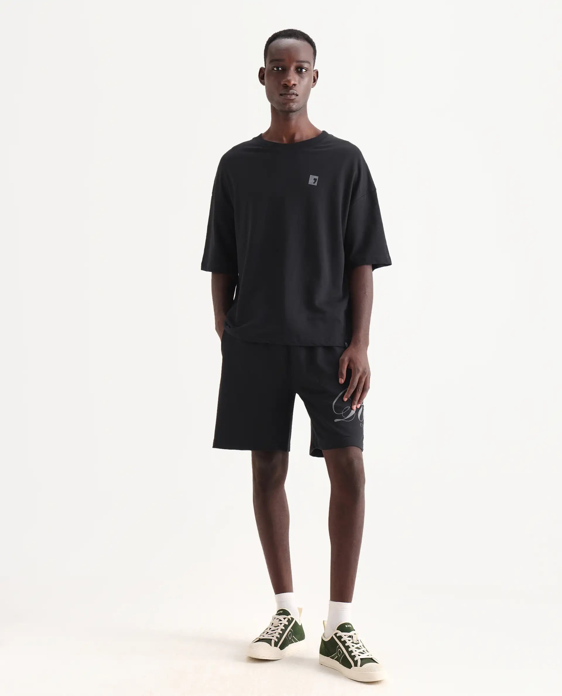 Rare Rabbit Men's Ranot Black Cotton Graphic Print Oversized Fit Shorts