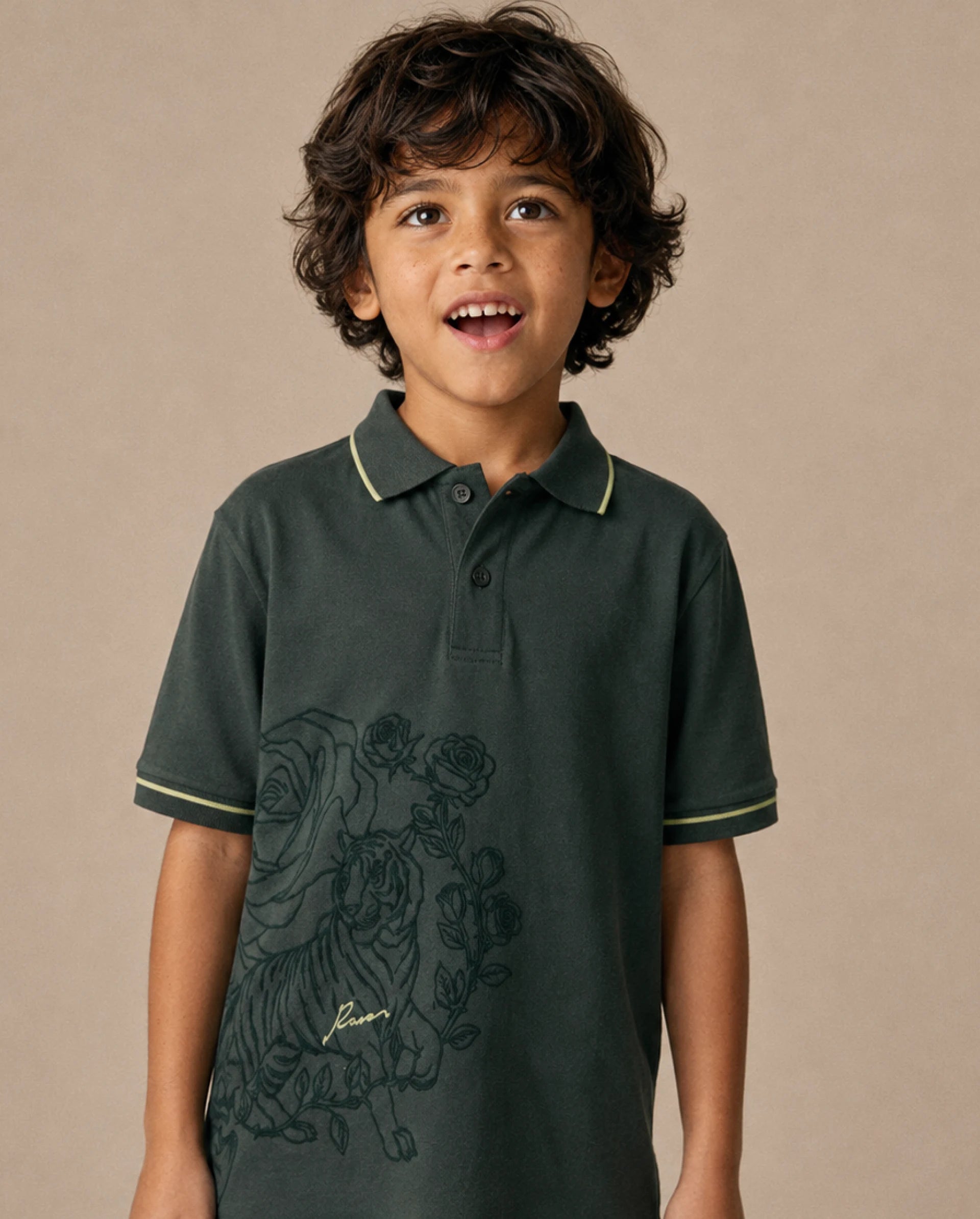 Rare Ones Kids Trax Dark Green Cotton Fabric Button Closure Regular Fit Printed Polo