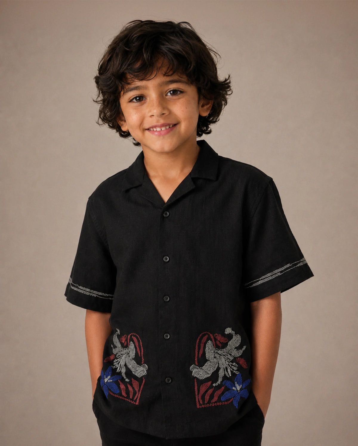 Rare Ones Kids Albo Black Cotton Blend Fabric Button Closure Regular Fit Shirt