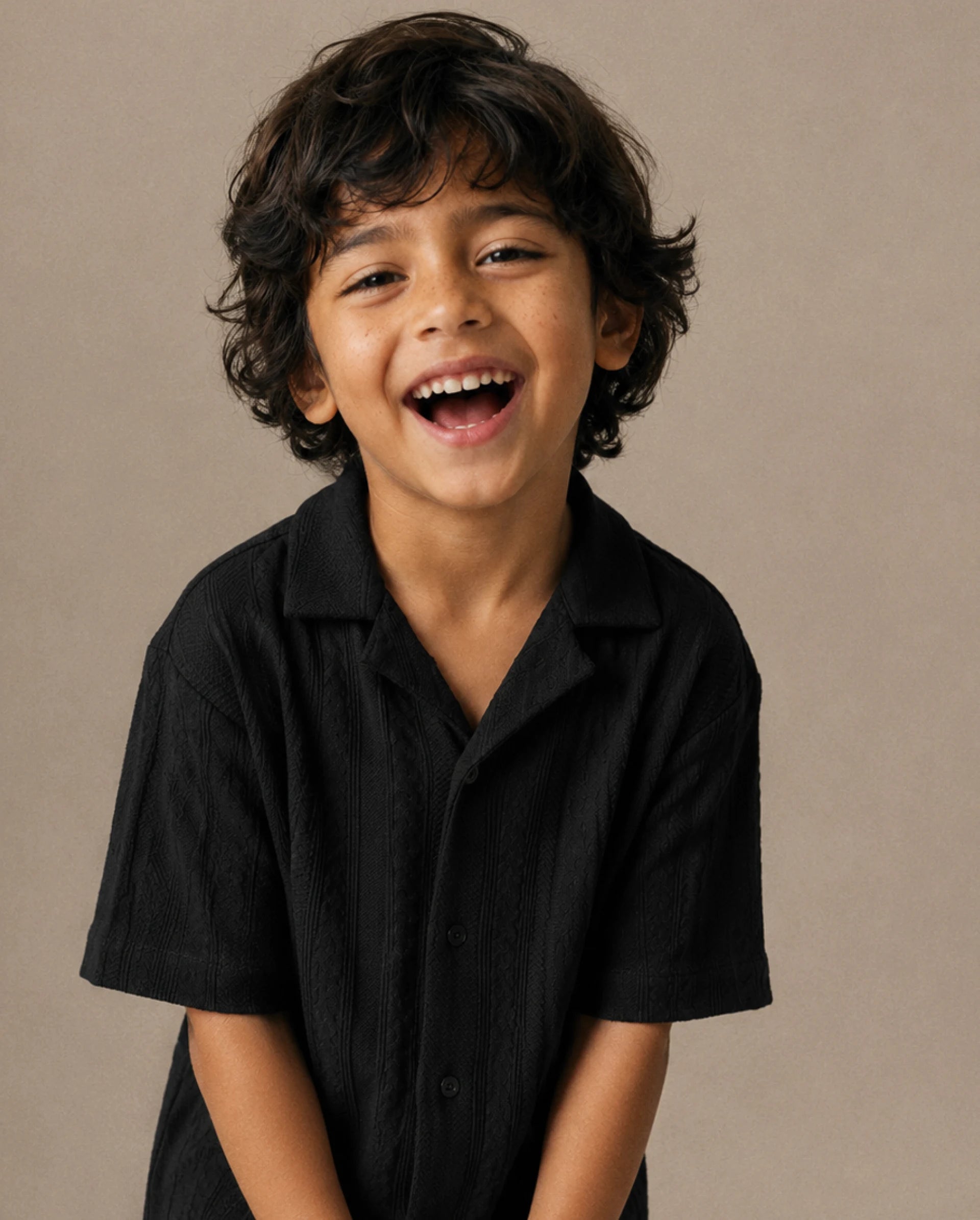 Rare Ones Kids Lyra Black Cotton Fabric Cuban Collar Button Closure Regular Shirt