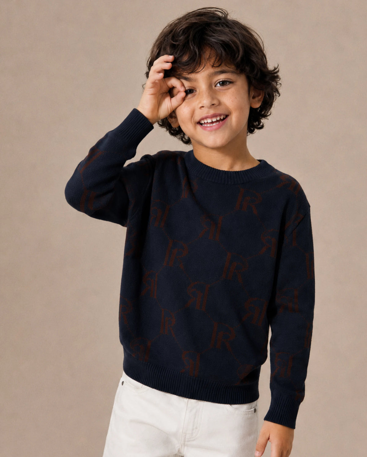 Rare Ones Kids Poston Navy Acrylic Fabric Pull-On Closure Regular Fit Monogram Print Sweater