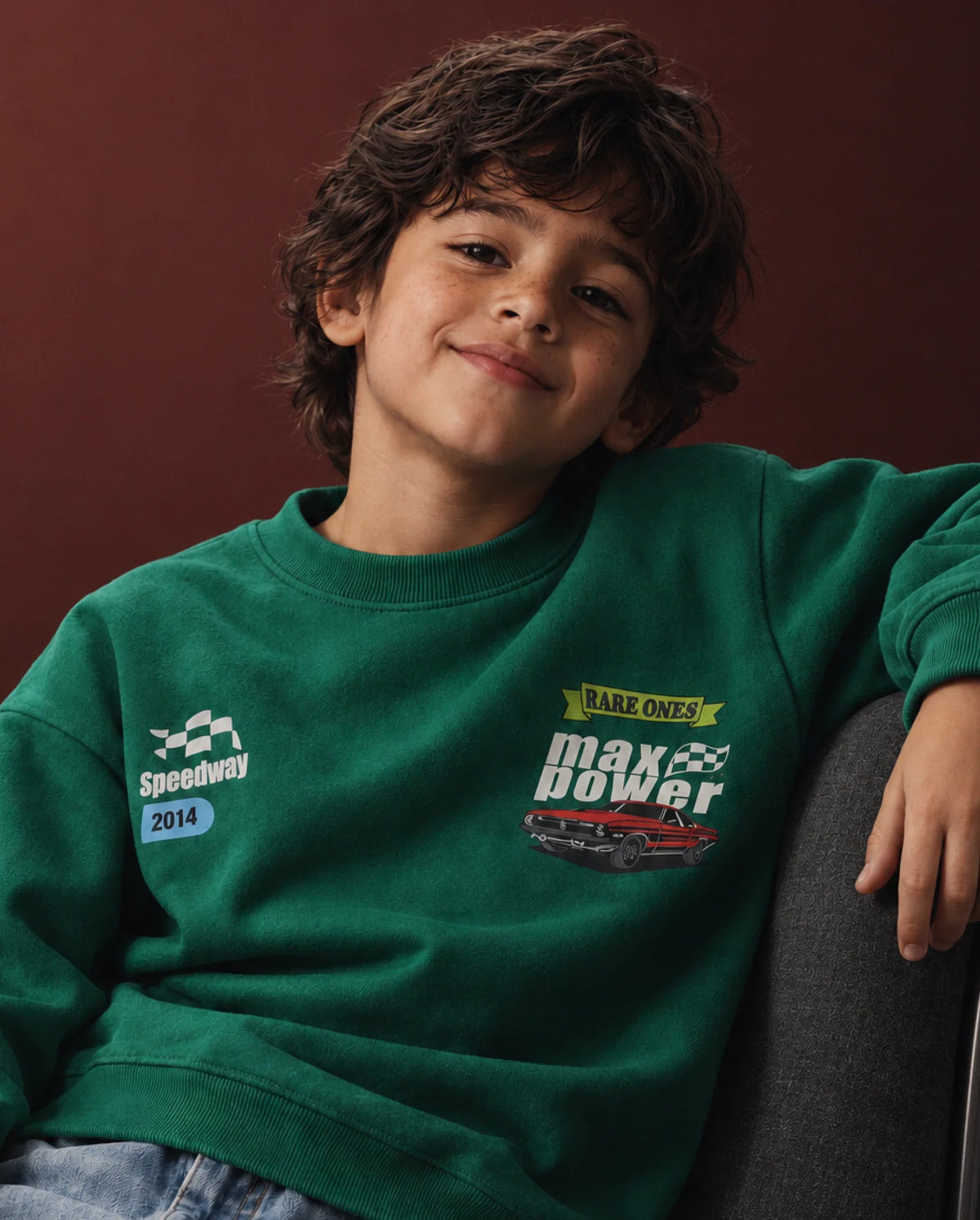 Rare Ones Kids Benny Dark Green Cotton Blend Fabric Crew Neck Pull-On Closure Oversized Fit Hd Print Sweatshirt