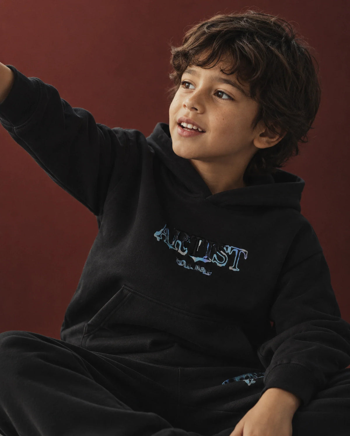 Rare Ones Kids Blane Black Cotton Blend Fabric Hooded Pull-On Closure Oversized Fit Flock Print Sweatshirt