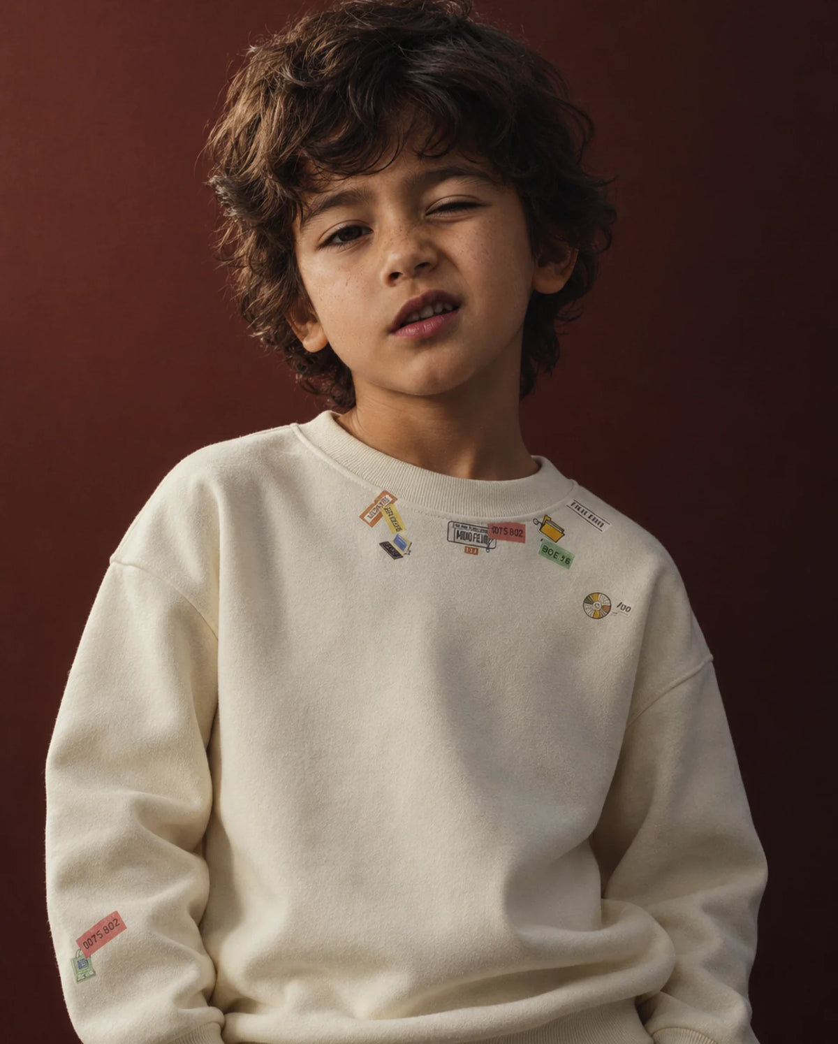 Rare Ones Kids Silo Off White Cotton Blend Fabric Crew Neck Pull-On Closure Oversized Fit Sticker Print Sweatshirt