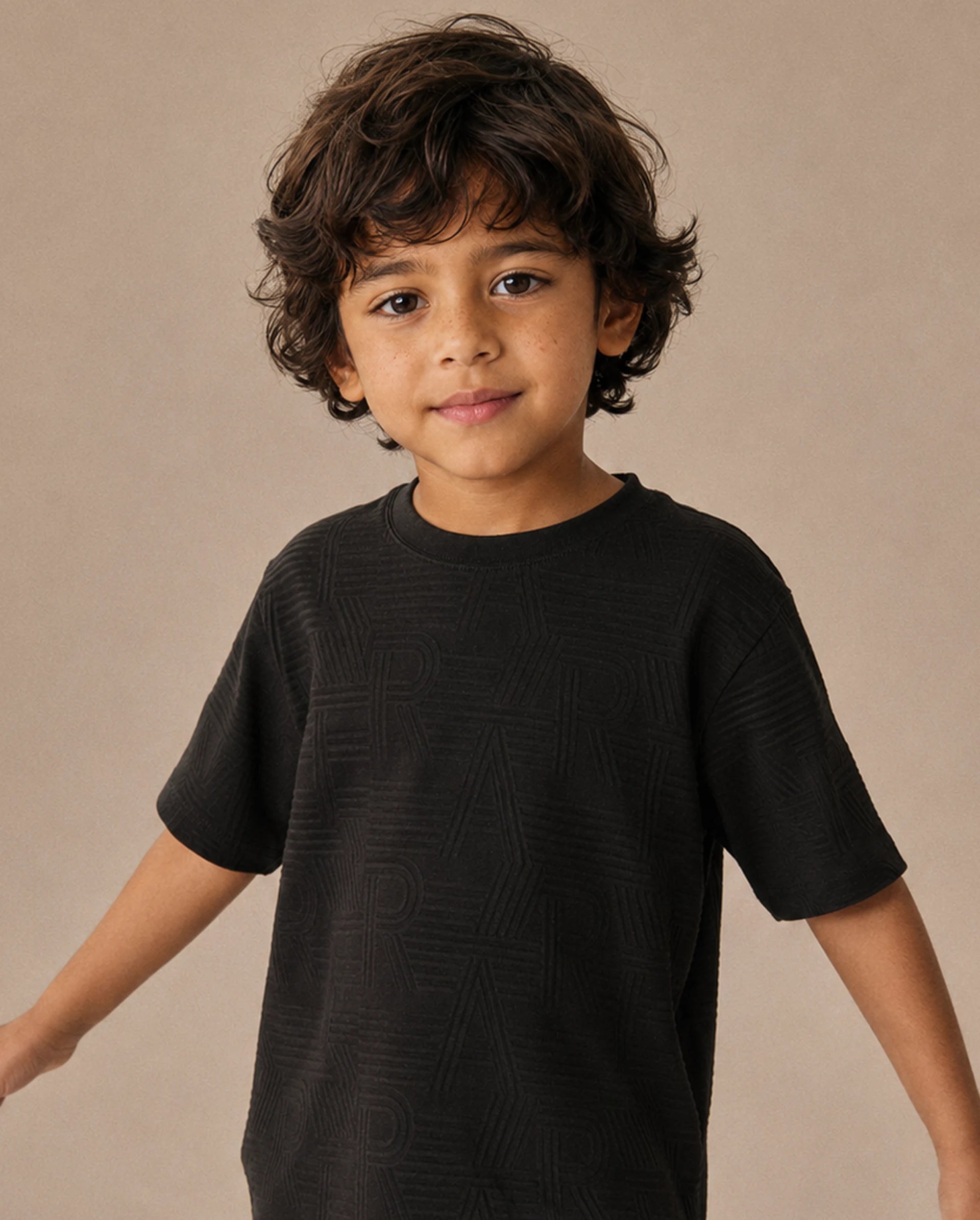 Rare Ones Kids Stom-26 Black Cotton Blend Fabric Crew Neck Pull-On Closure Regular Fit Jacquard T-Shirt