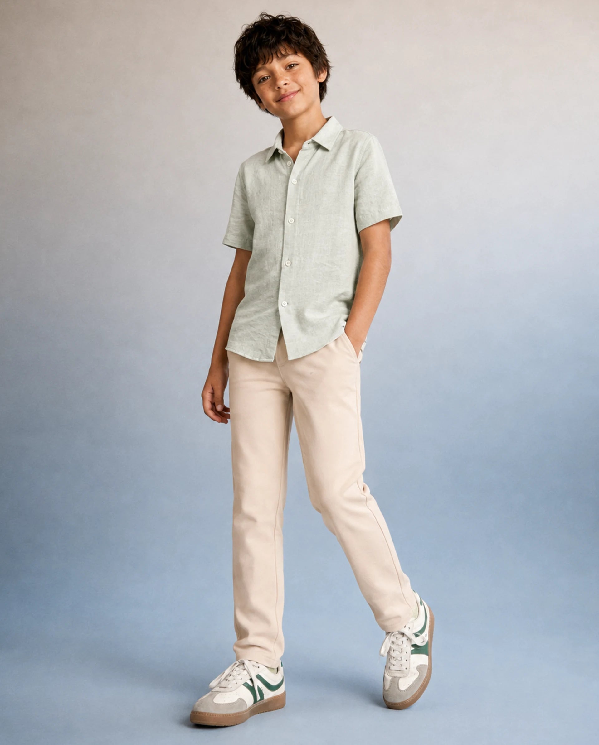 Rare Ones Kids Spoke-K-Aw26 Beige Cotton Blend Fabric Button And Zipper Closure Slim Fit Trouser