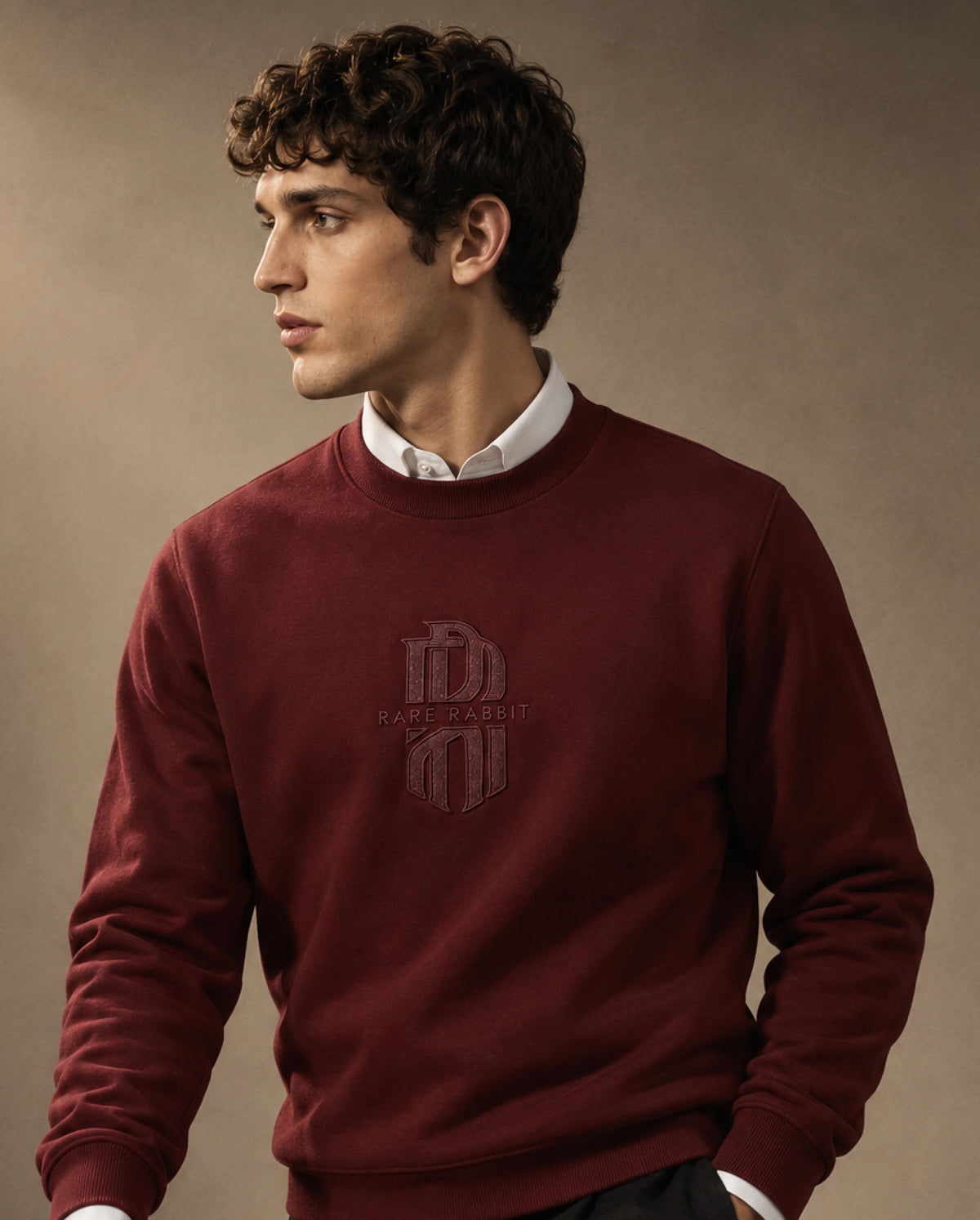 Rare Rabbit Men's Rarko Dark Red Cotton Blend Crew Neck Regular Monogram Sweatshirt
