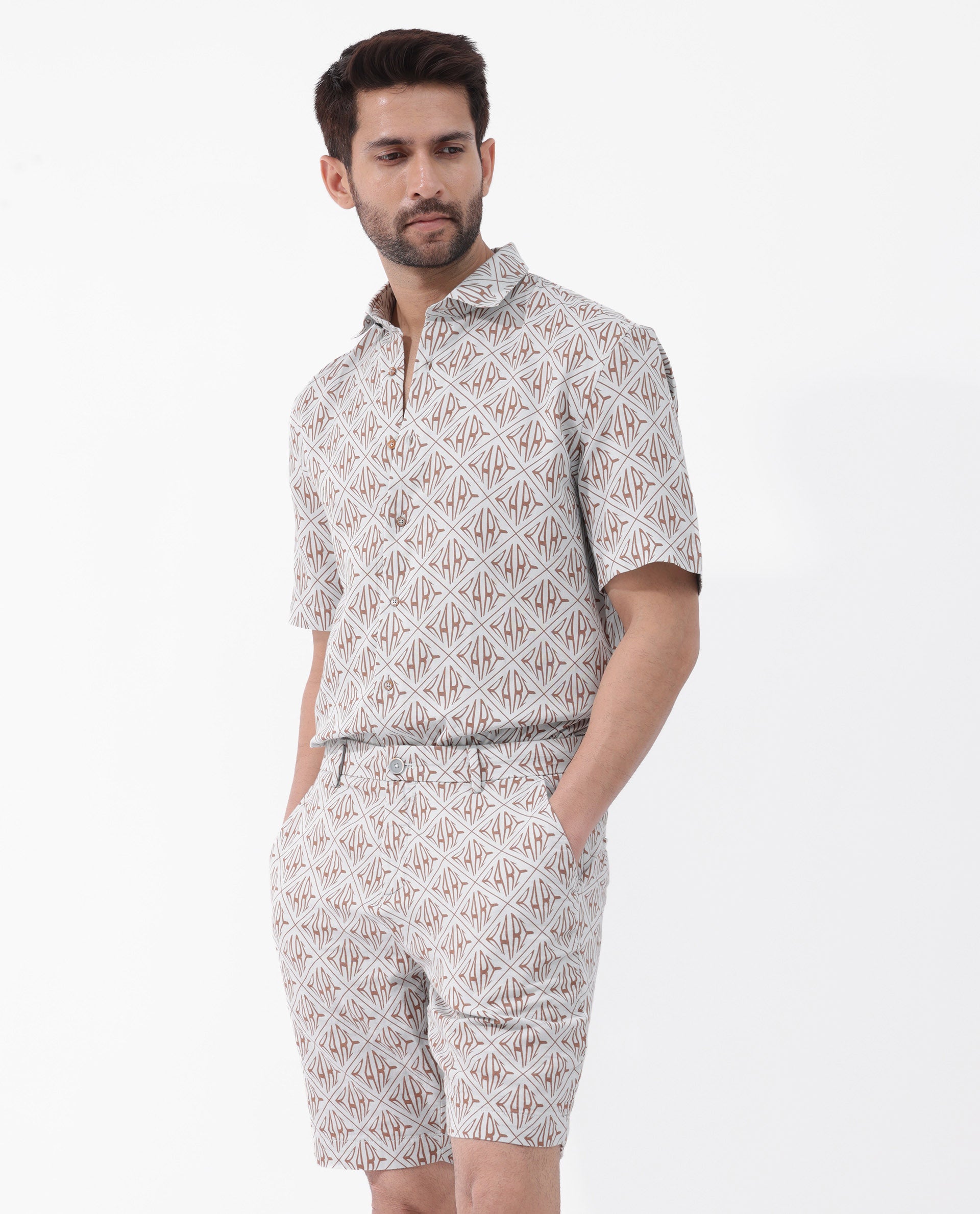 Rare Rabbit Mens Raron Pastel Blue Double Layer Cotton Monogram Print Shorts