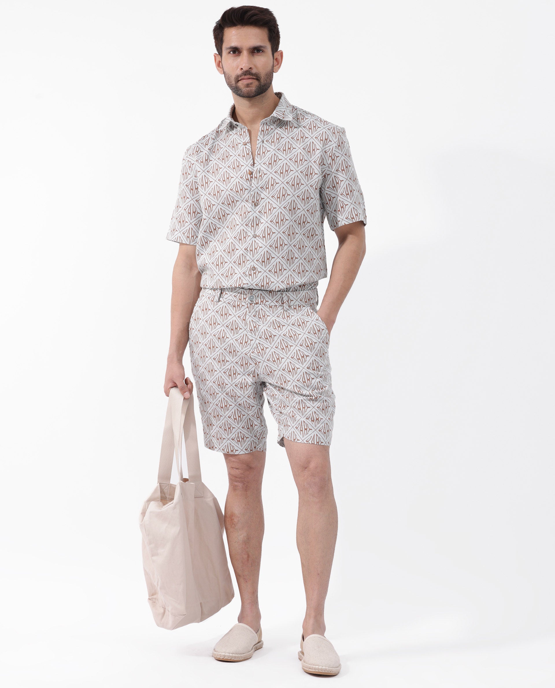 Rare Rabbit Mens Raron Pastel Blue Double Layer Cotton Monogram Print Shorts