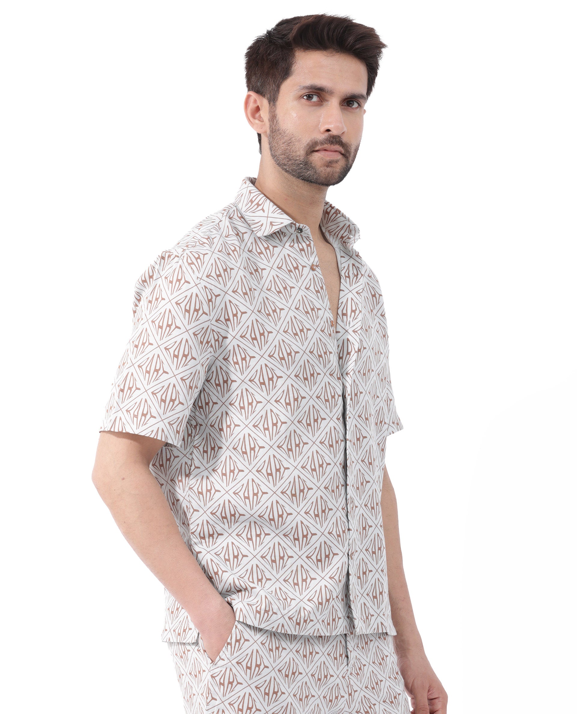 Rare Rabbit Mens Rarum Pastel Blue Cotton Fabric Blend Short Sleeve Boxy Fit Monogram Print Shirt