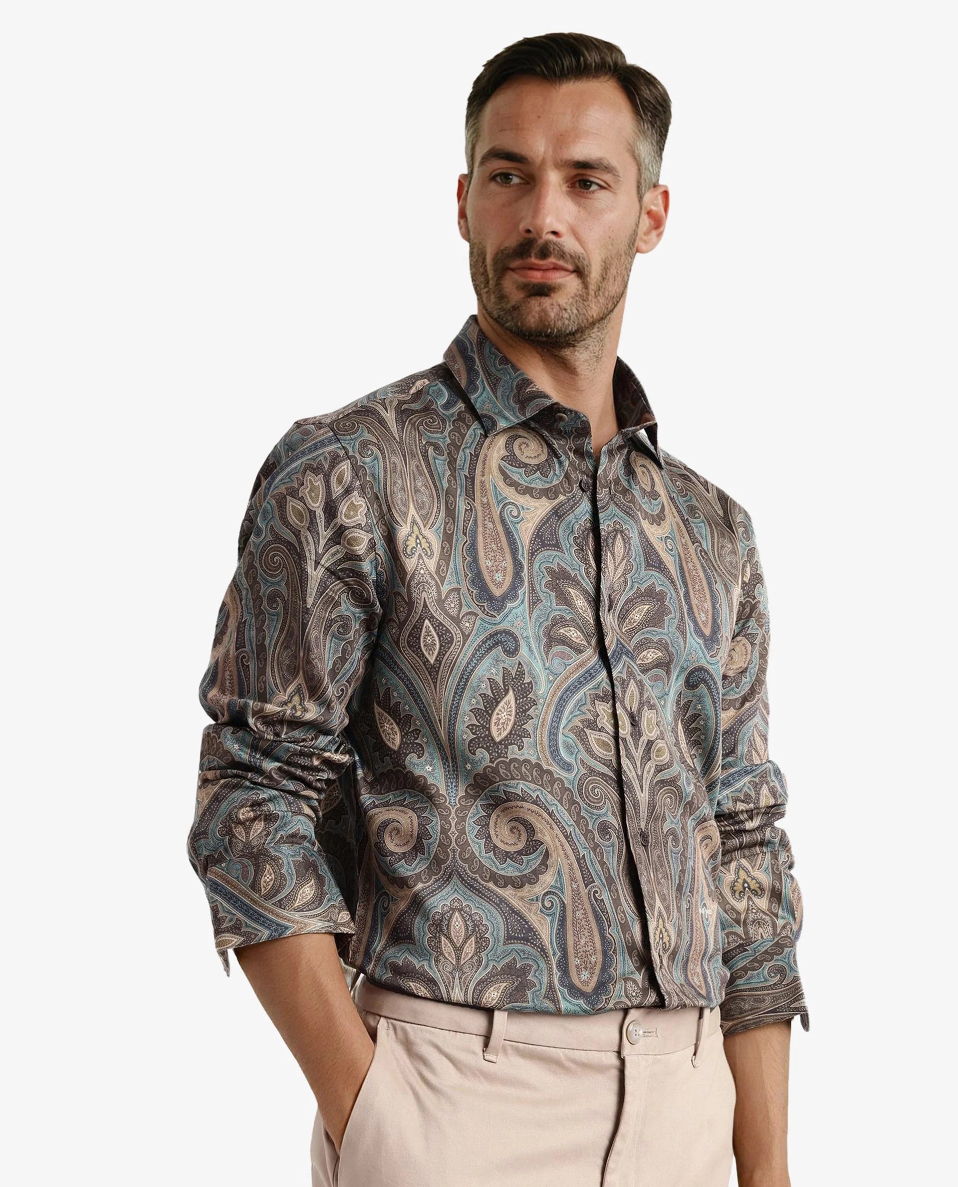 Rare Rabbit Men Rave Green Full Sleeve Regular Fit Paisley Print Shirt