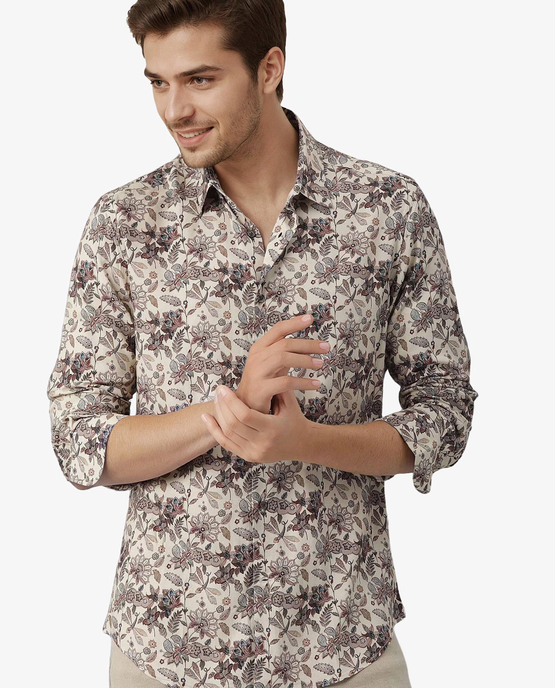 Rare Rabbit Men's Ravell Beige Cotton Viscose Fabric Full Sleeves Floral Print Shirt