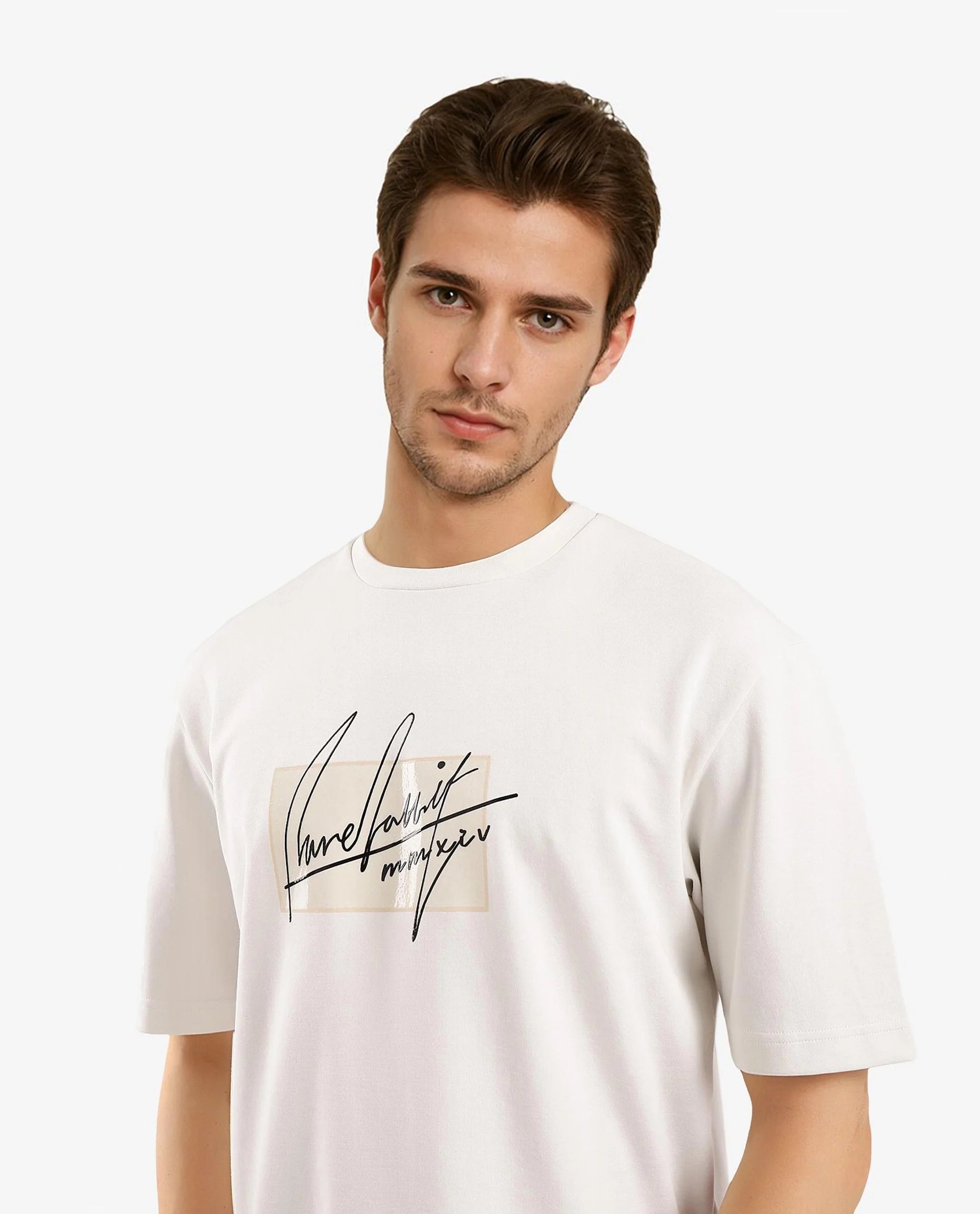 Rare Rabbit Men Raydo Off White Cotton Polyester Fabric Short Sleeve Crew Neck Boxy Fit Graphic Print T-Shirt