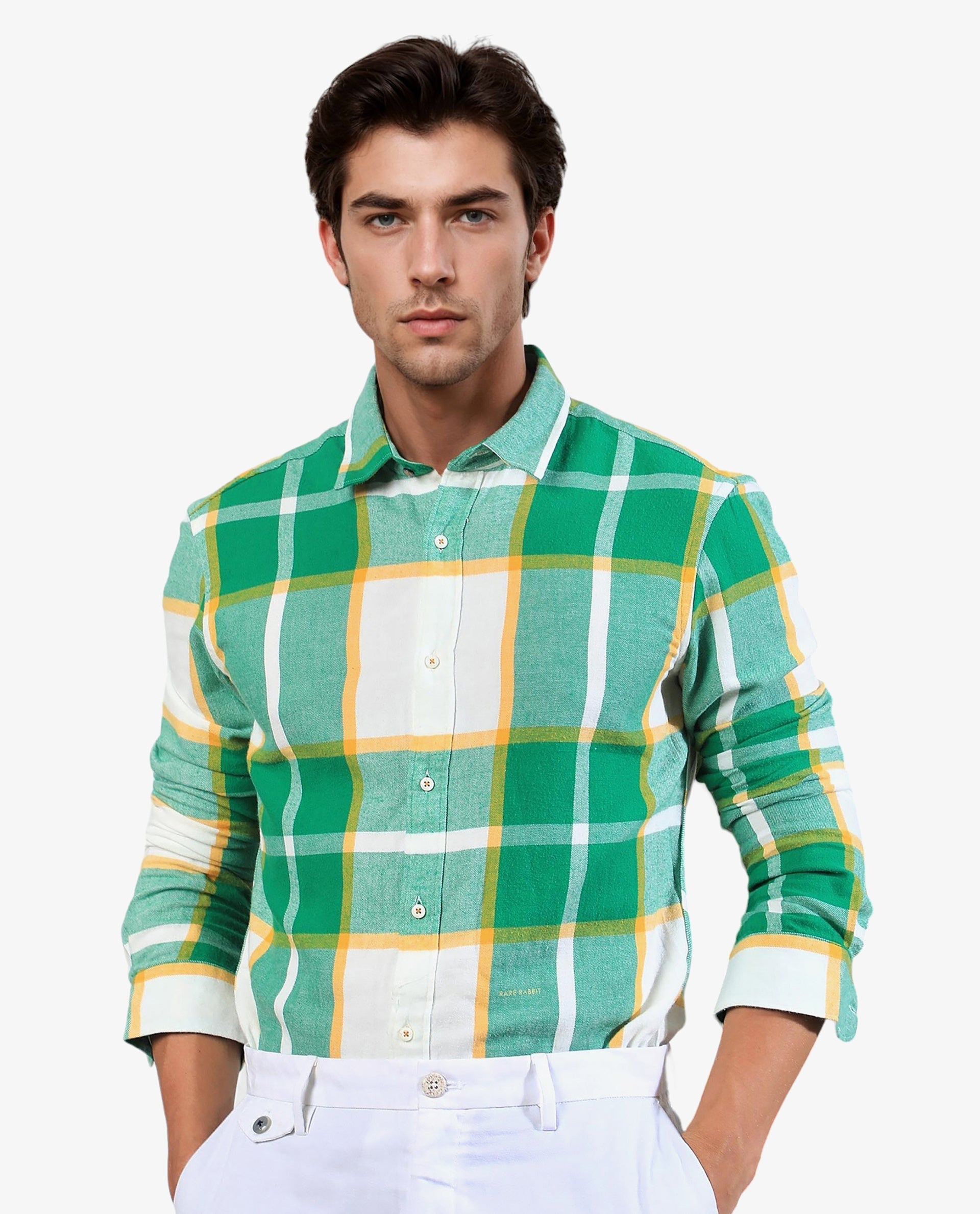 Rare Rabbit Men's Rayo Green Cotton Checked Print Regular Fit Full Sleeve Collared Shirt