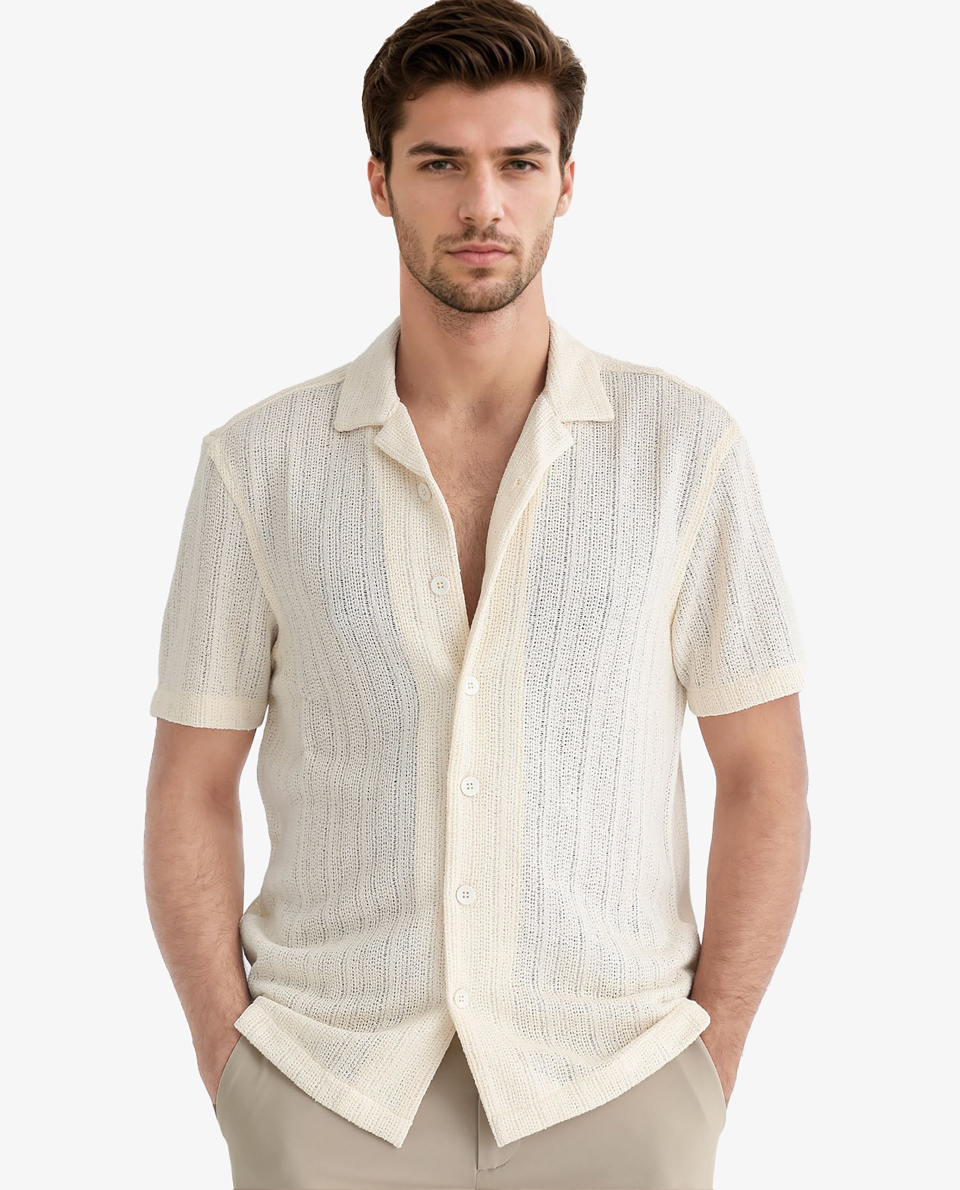 Rare Rabbit Men's Reach Off White Cotton Viscose Fabric Cuban Collar Half Sleeves Knitted Shirt