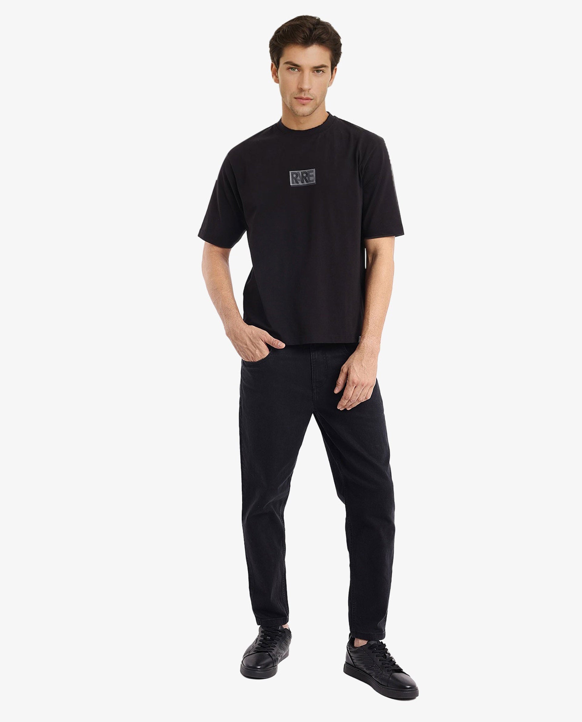 Rare Rabbit Men Reborn-T Black Cotton Fabric Short Sleeve Crew Neck Oversized Fit Graphic Print T-Shirt