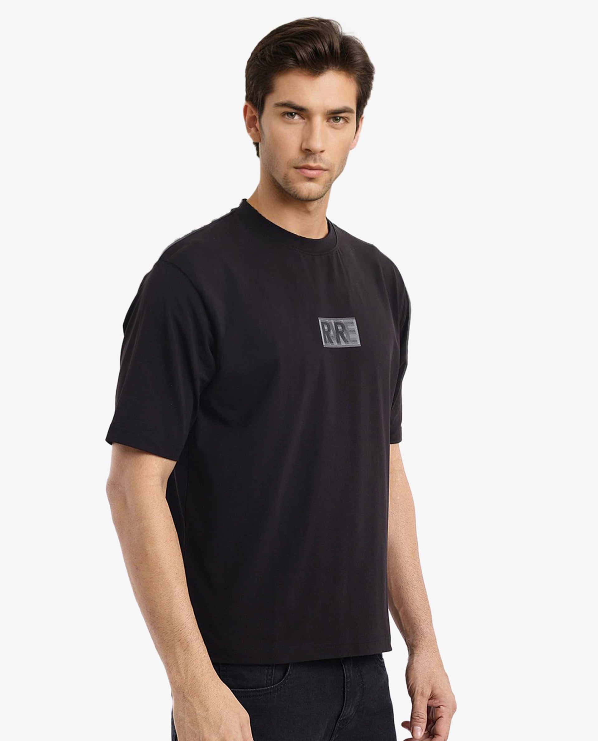 Rare Rabbit Men Reborn-T Black Cotton Fabric Short Sleeve Crew Neck Oversized Fit Graphic Print T-Shirt