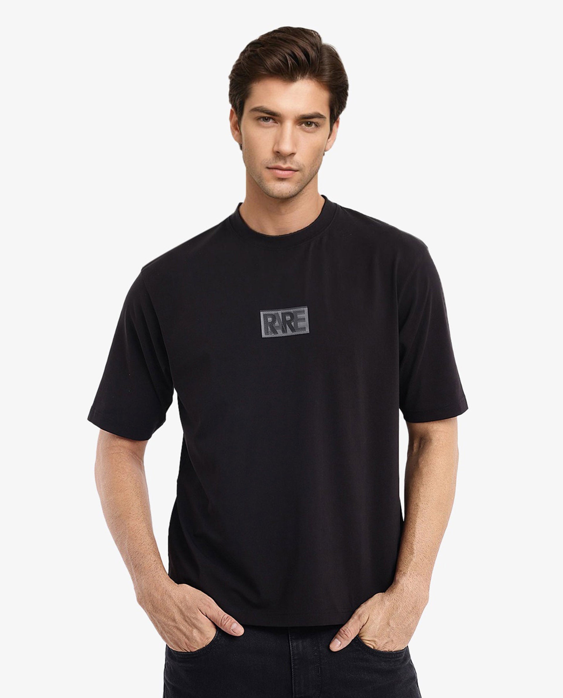 Rare Rabbit Men Reborn-T Black Cotton Fabric Short Sleeve Crew Neck Oversized Fit Graphic Print T-Shirt