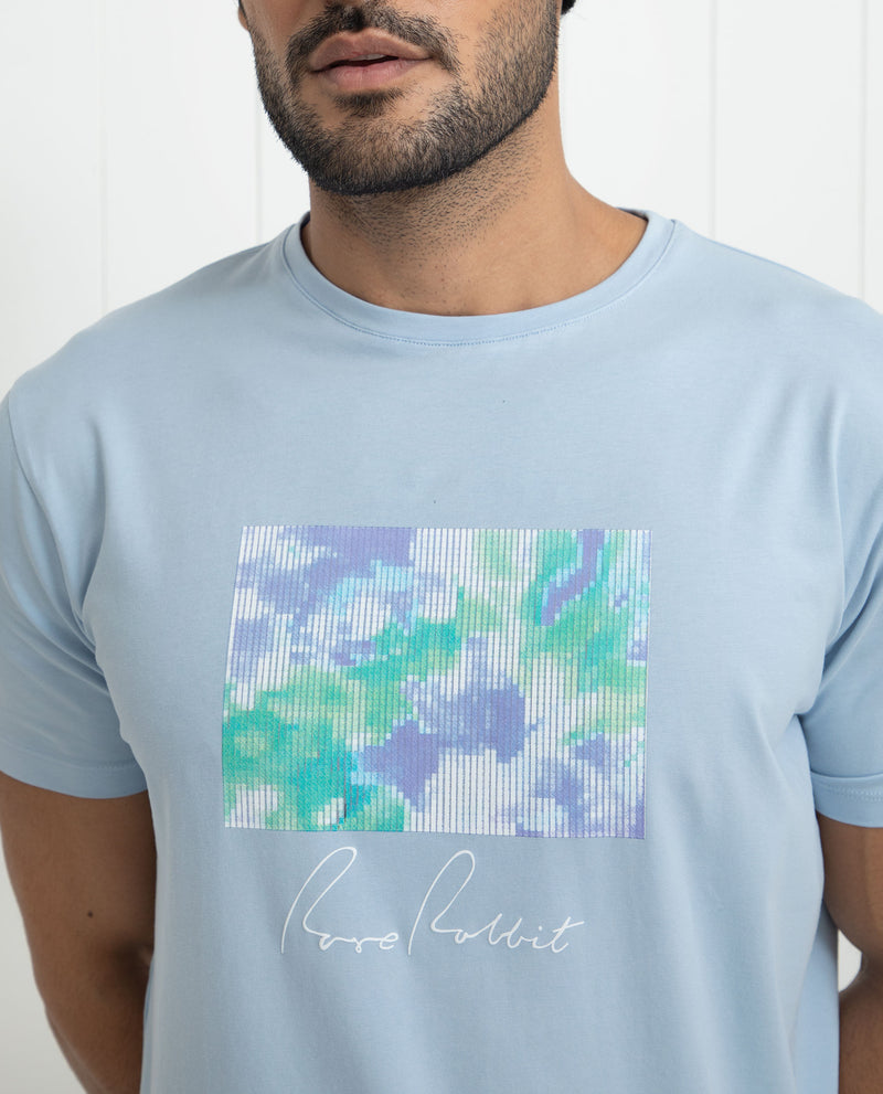 Rare Rabbit Men's Reed Blue Crew Neck Abstract Print With Branding Half Sleeves Slim Fit T-Shirt