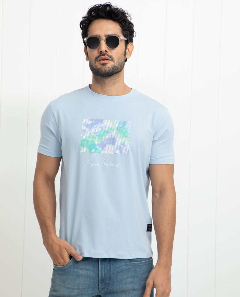 Rare Rabbit Men's Reed Blue Crew Neck Abstract Print With Branding Half Sleeves Slim Fit T-Shirt