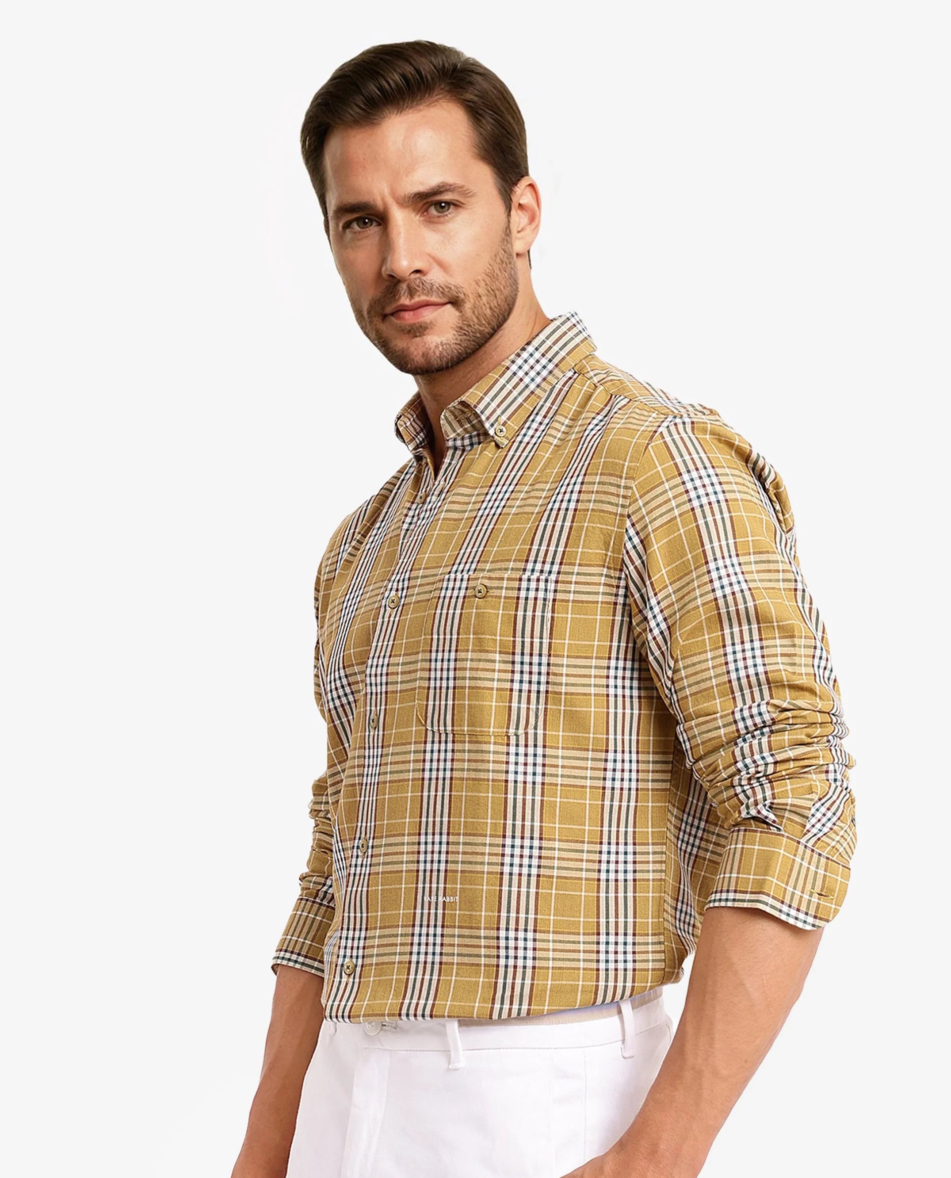 Rare Rabbit Men Reed Light Brown Full Sleeve Button Closure Twill Checks Shirt