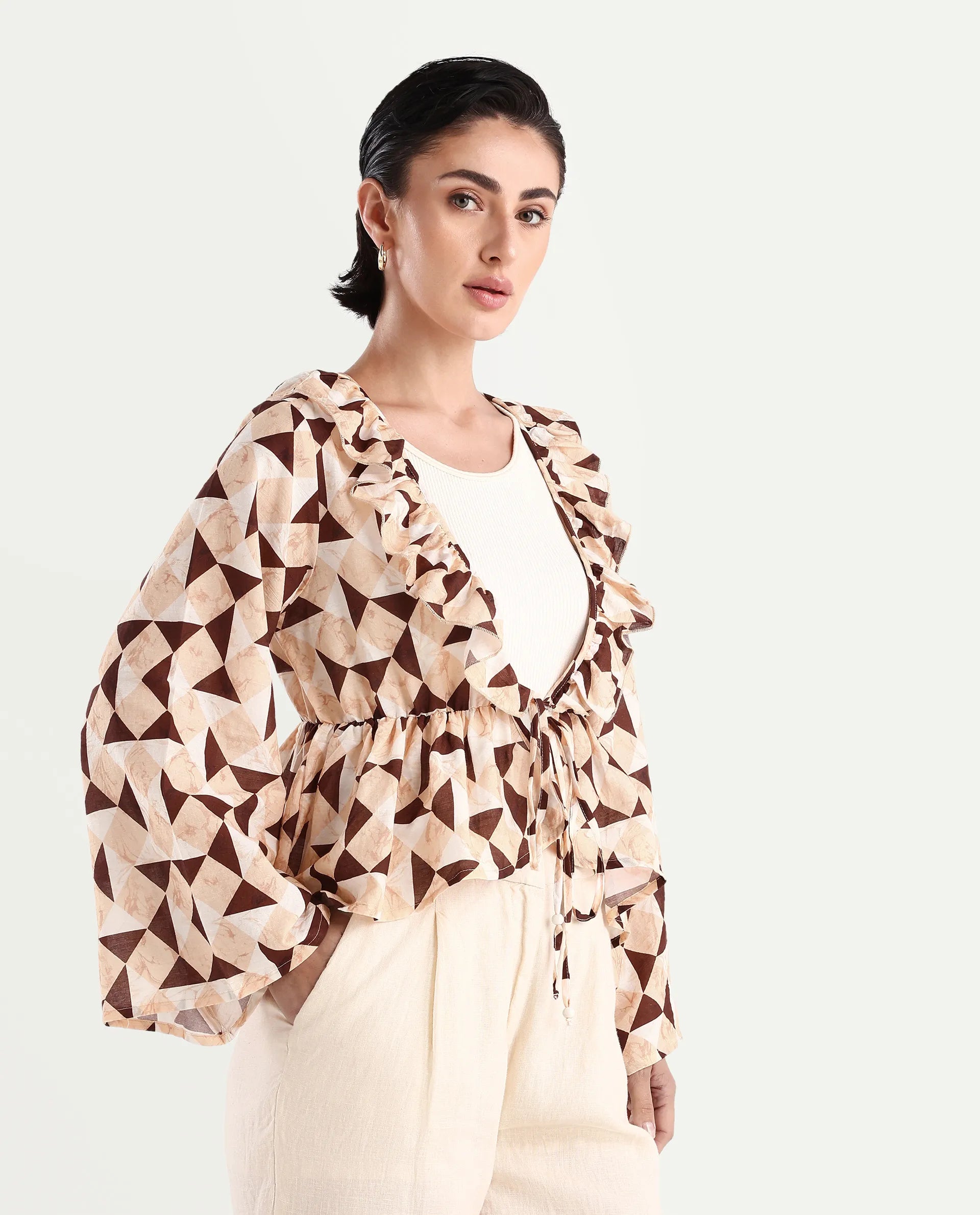 Rareism Women's Reggio Light Multi Cotton Blend Tie-Up Neck Geometric Print Bell Sleeve Regular Fit Top