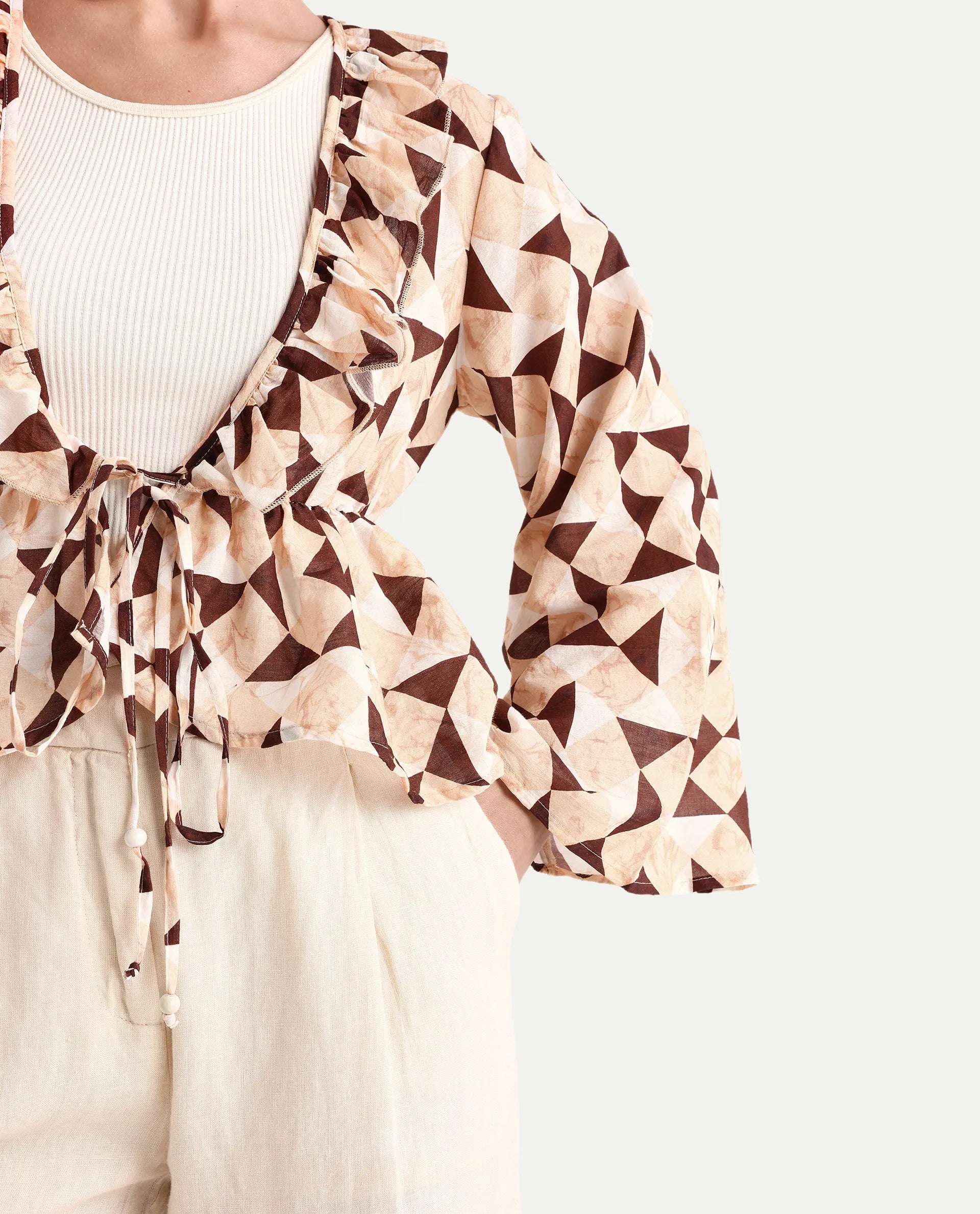 Rareism Women's Reggio Light Multi Cotton Blend Tie-Up Neck Geometric Print Bell Sleeve Regular Fit Top