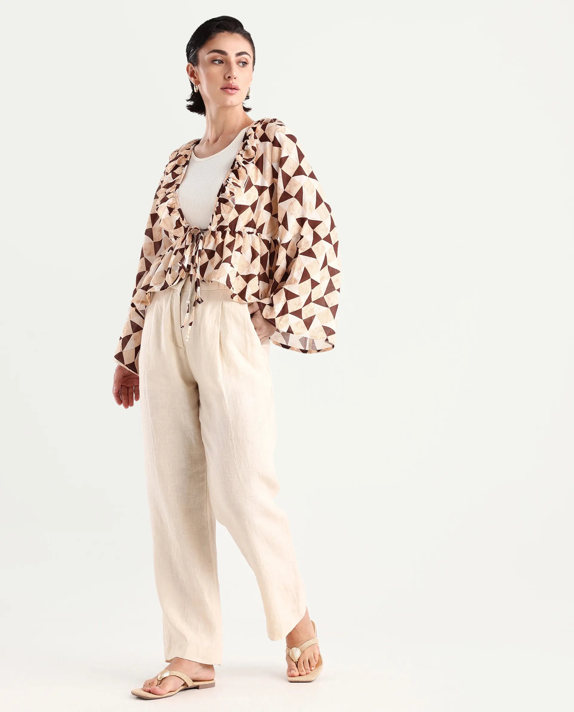 Rareism Women's Reggio Light Multi Cotton Blend Tie-Up Neck Geometric Print Bell Sleeve Regular Fit Top