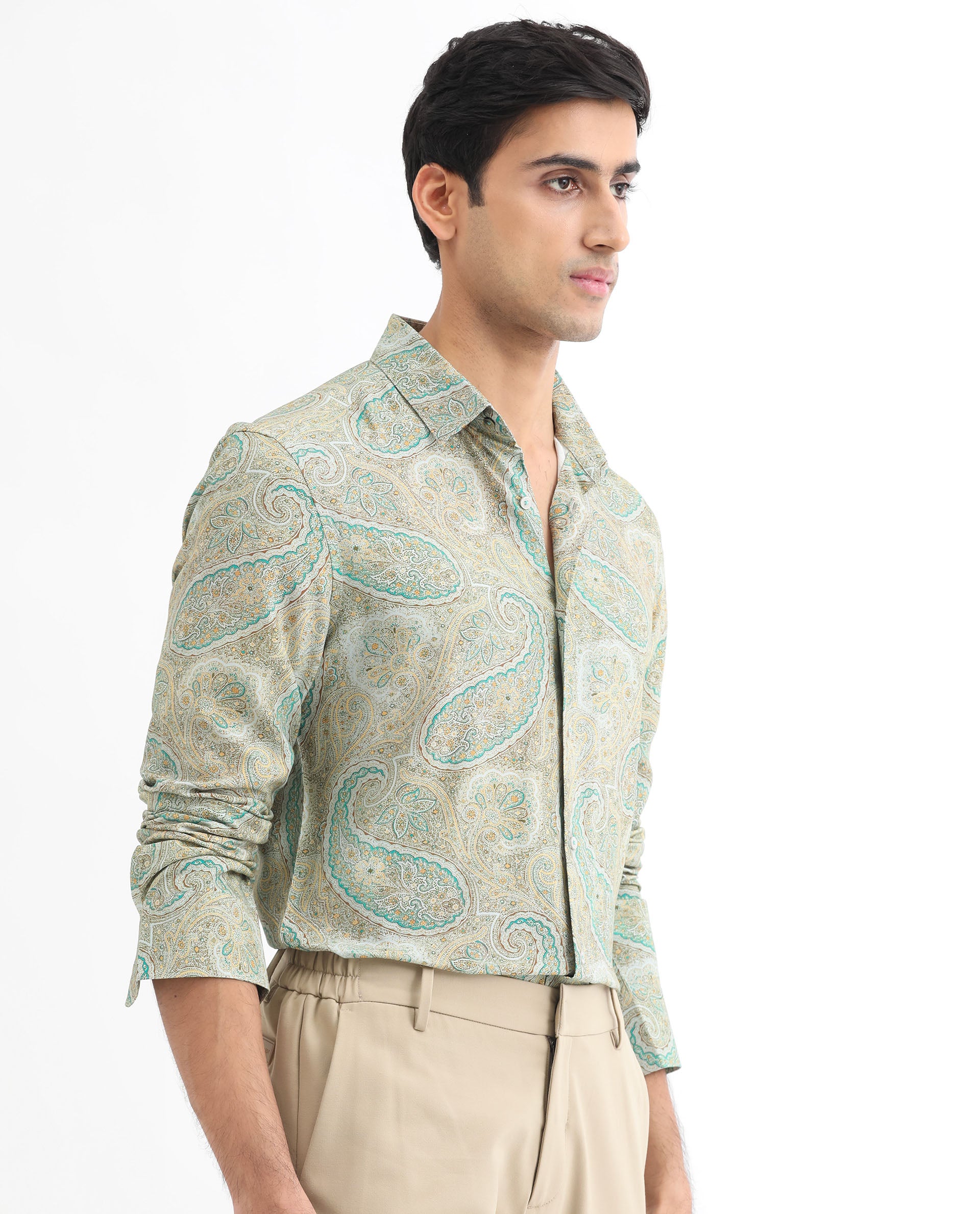 Rare Rabbit Men's Rego Pastel Green Paisley Print Full Sleeves Shirt