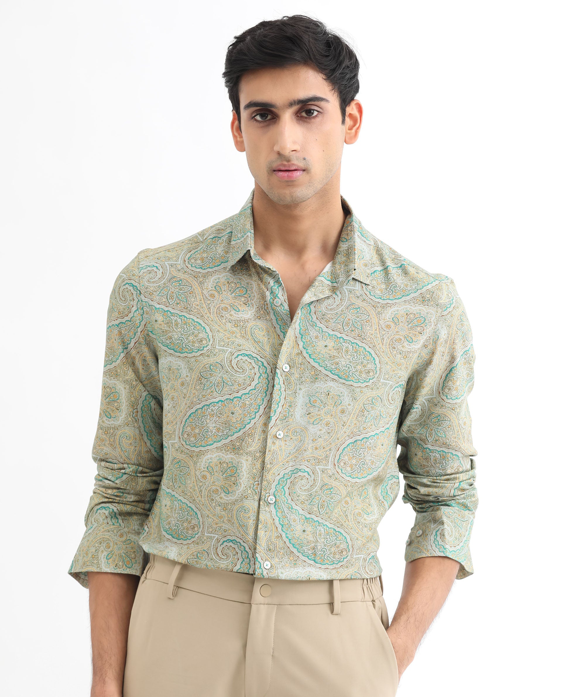 Rare Rabbit Men's Rego Pastel Green Paisley Print Full Sleeves Shirt