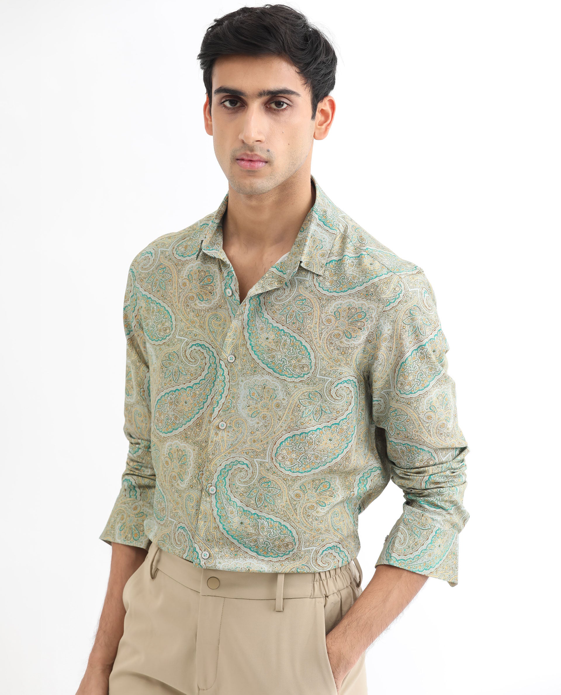 Rare Rabbit Men's Rego Pastel Green Paisley Print Full Sleeves Shirt
