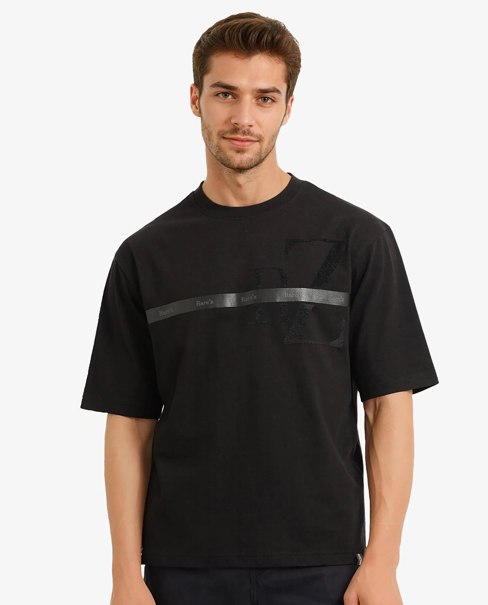 Rare Rabbit Men Reis Black Cotton Fabric Short Sleeve Crew Neck Oversized Fit Graphic Flock Print T-Shirt