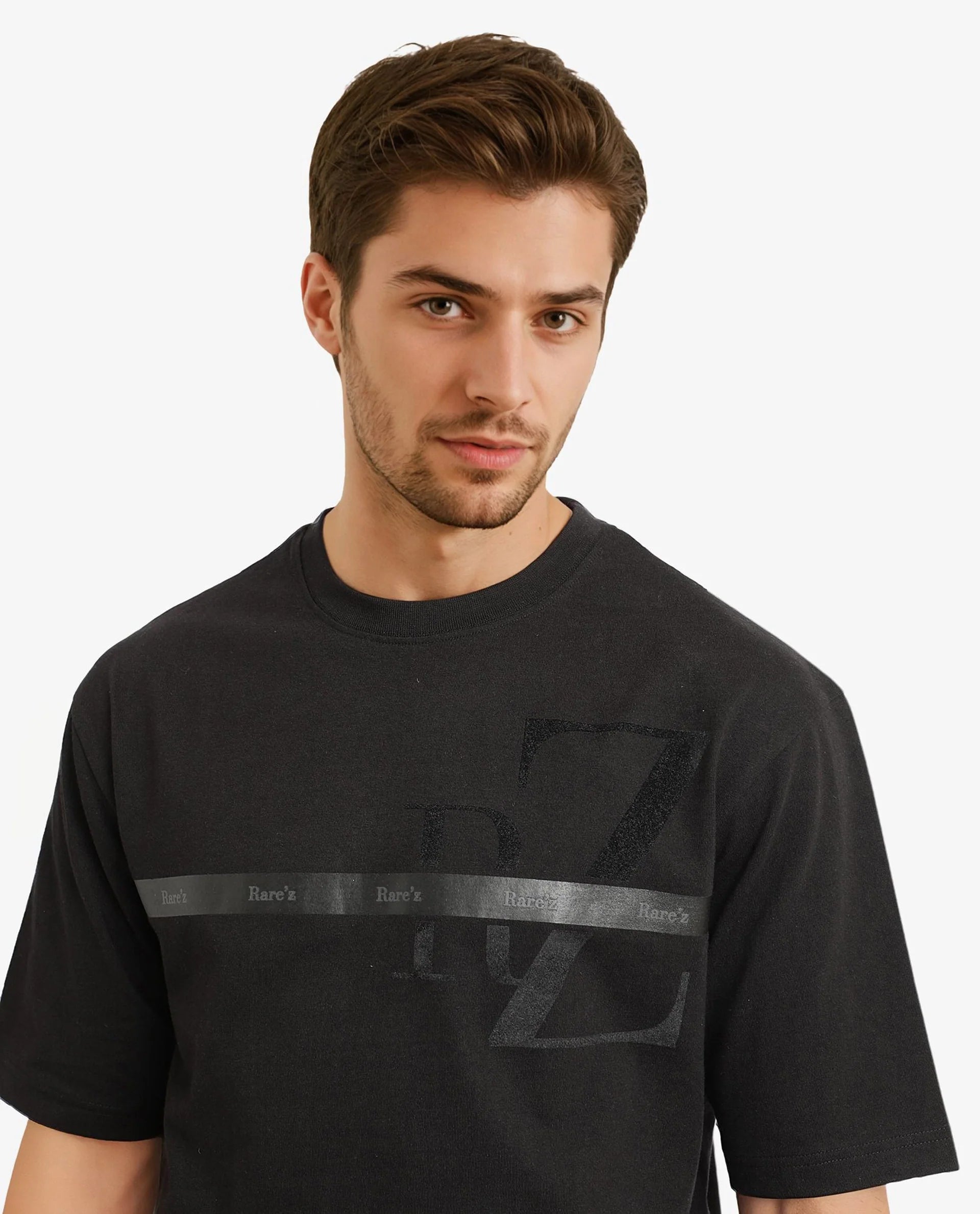 Rare Rabbit Men Reis Black Cotton Fabric Short Sleeve Crew Neck Oversized Fit Graphic Flock Print T-Shirt