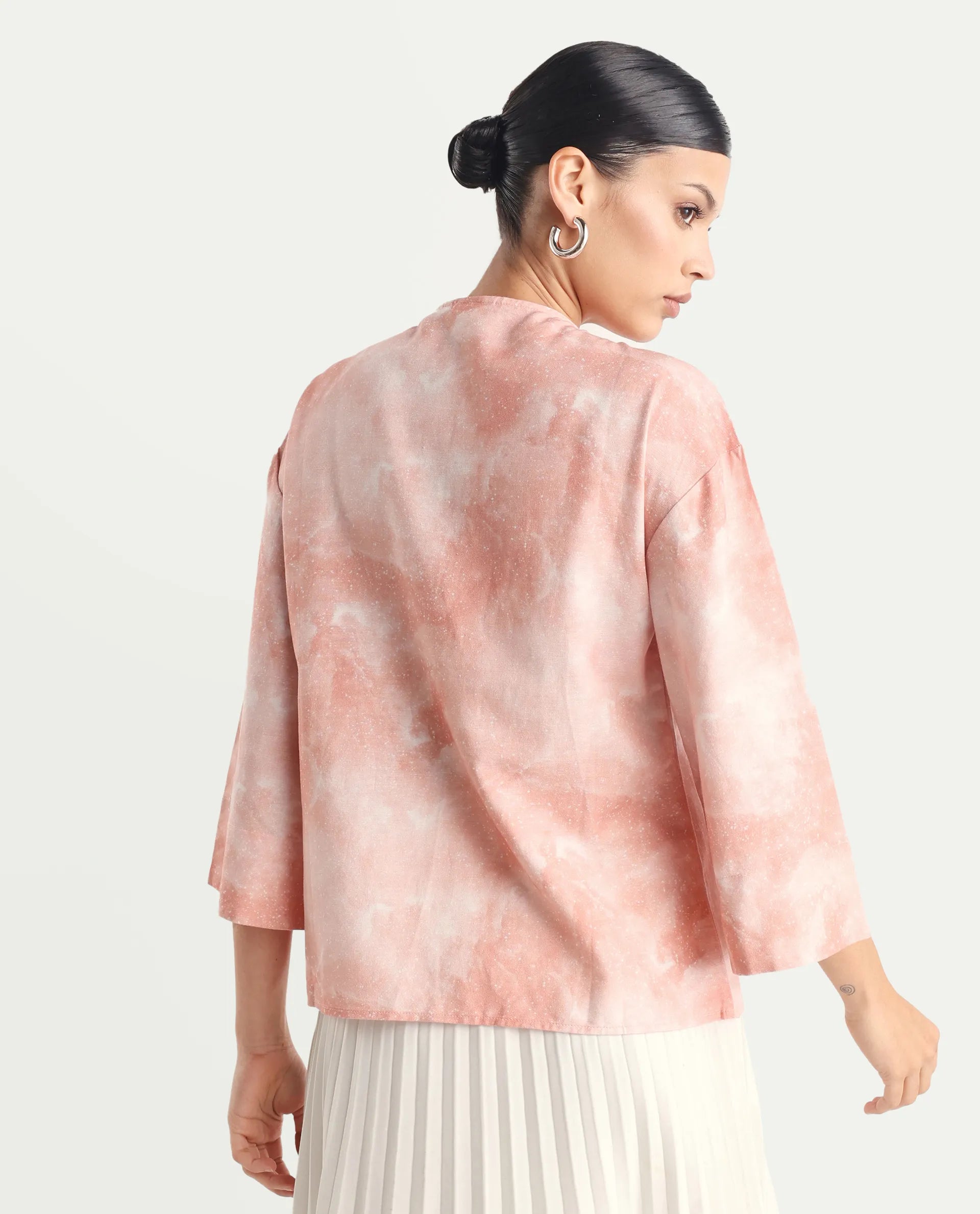 Rareism Women's Remis Dusky Pink Rayon Tie-Up Neck Abstract Print Bell Sleeve Regular Fit Top