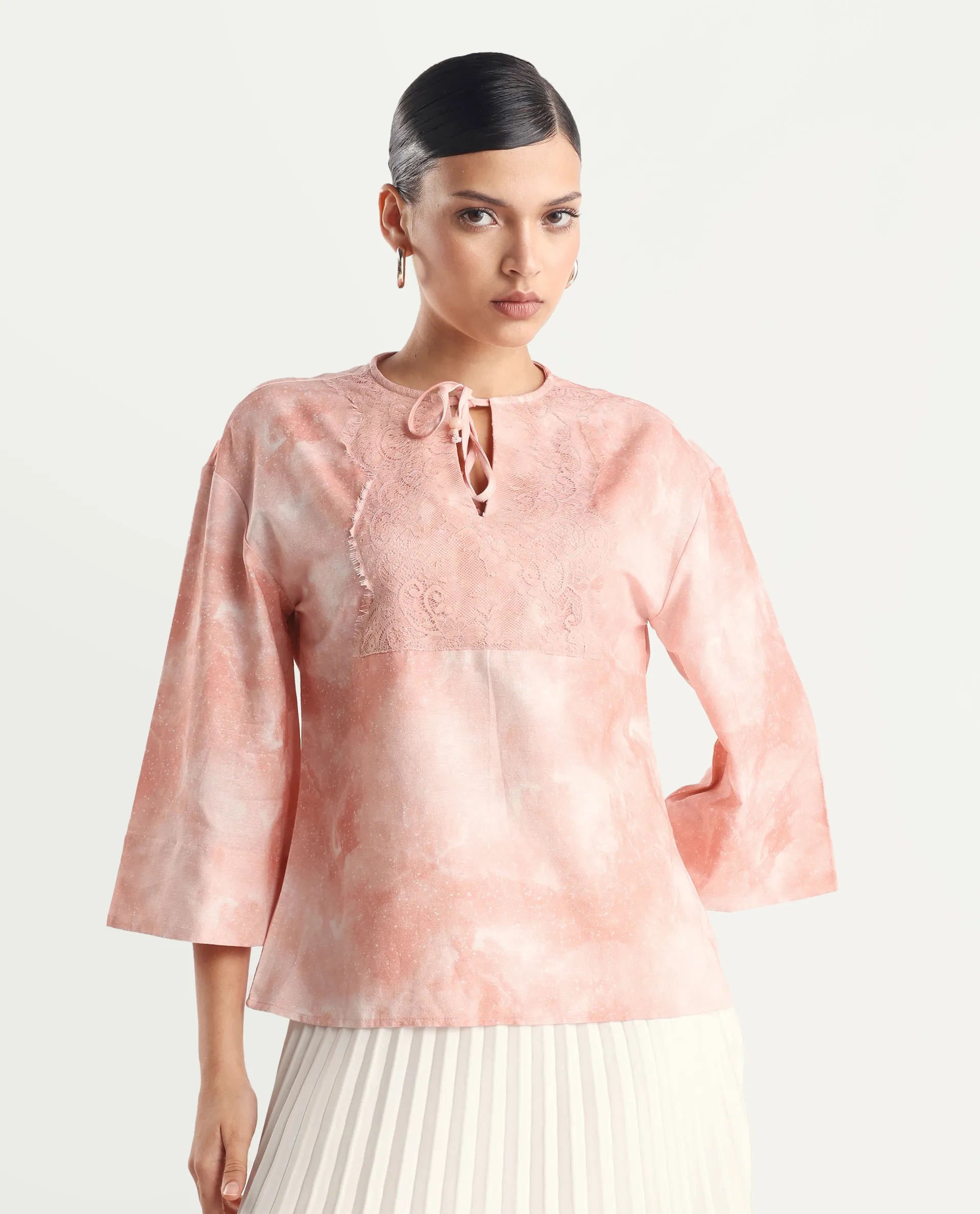 Rareism Women's Remis Dusky Pink Rayon Tie-Up Neck Abstract Print Bell Sleeve Regular Fit Top