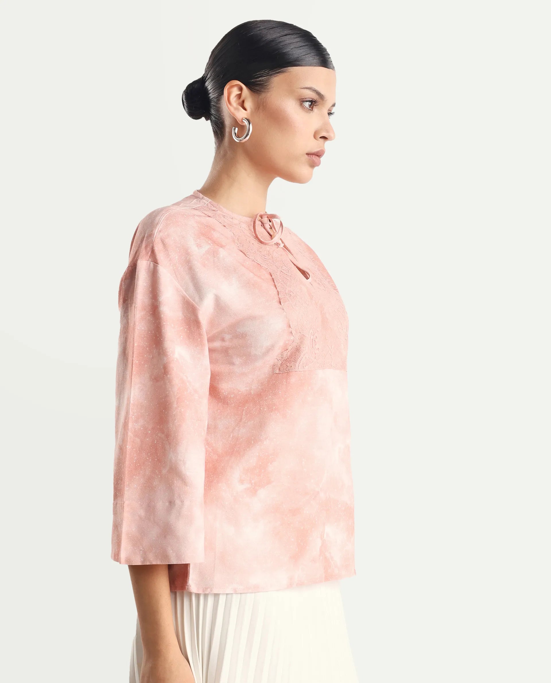 Rareism Women's Remis Dusky Pink Rayon Tie-Up Neck Abstract Print Bell Sleeve Regular Fit Top