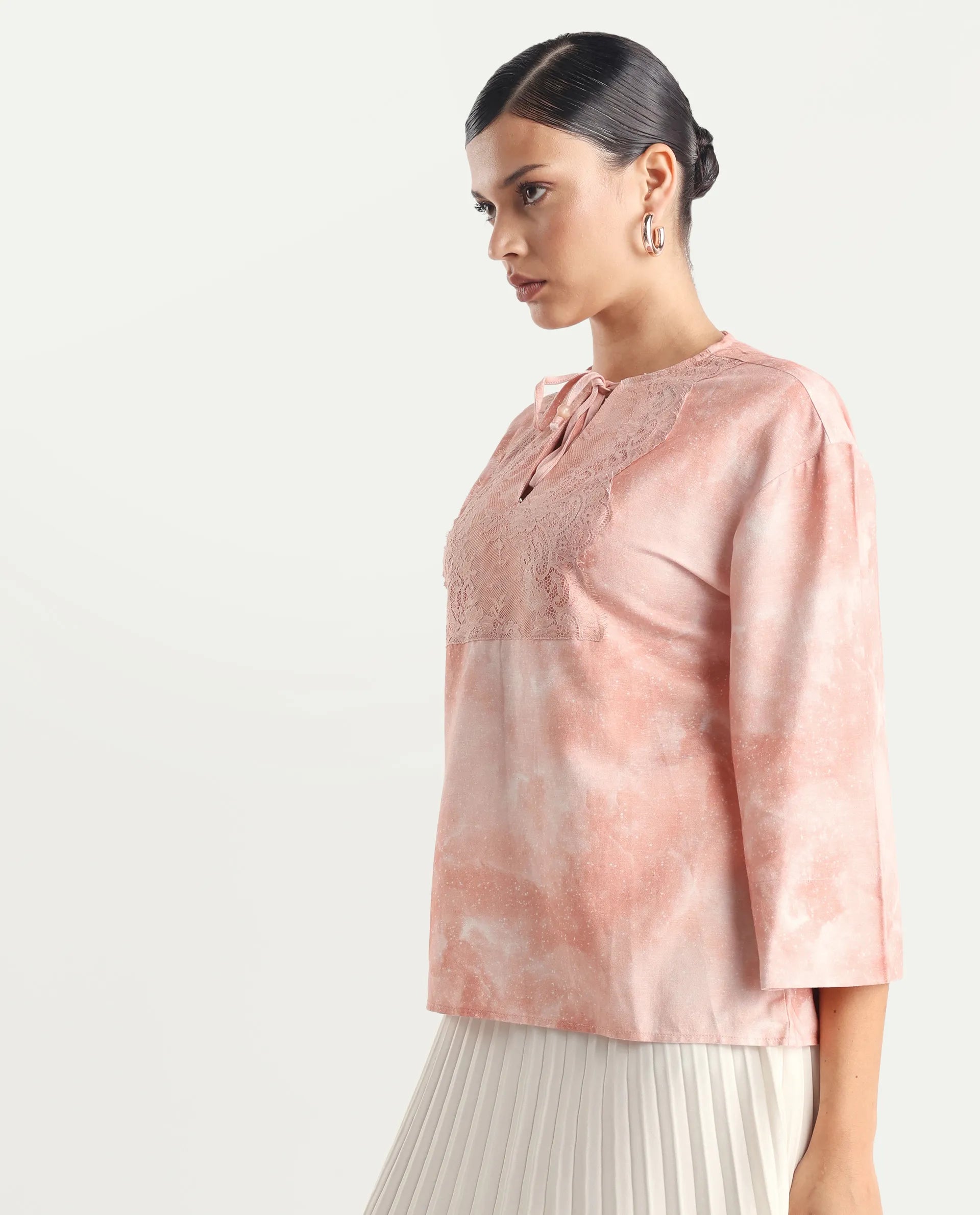 Rareism Women's Remis Dusky Pink Rayon Tie-Up Neck Abstract Print Bell Sleeve Regular Fit Top