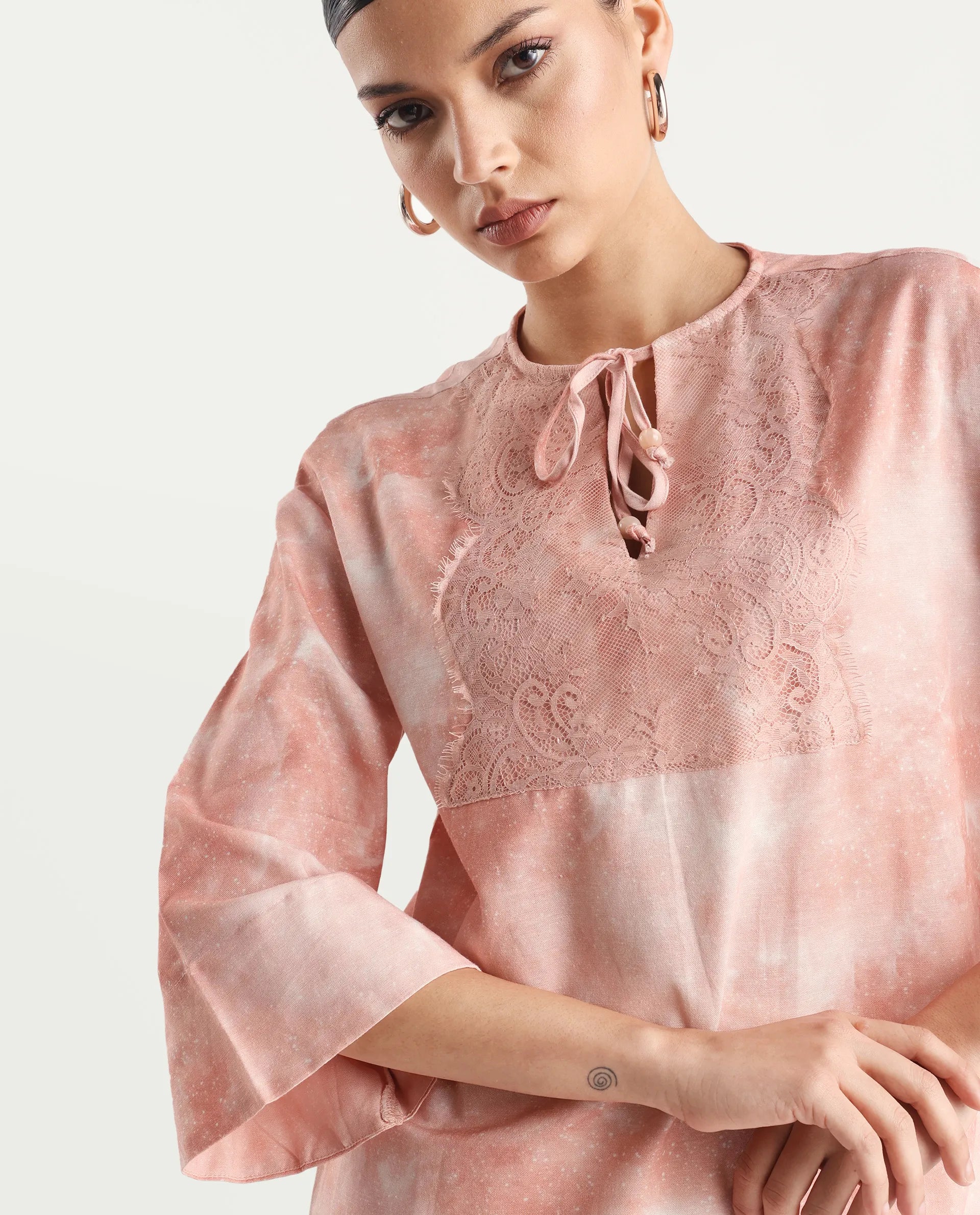 Rareism Women's Remis Dusky Pink Rayon Tie-Up Neck Abstract Print Bell Sleeve Regular Fit Top