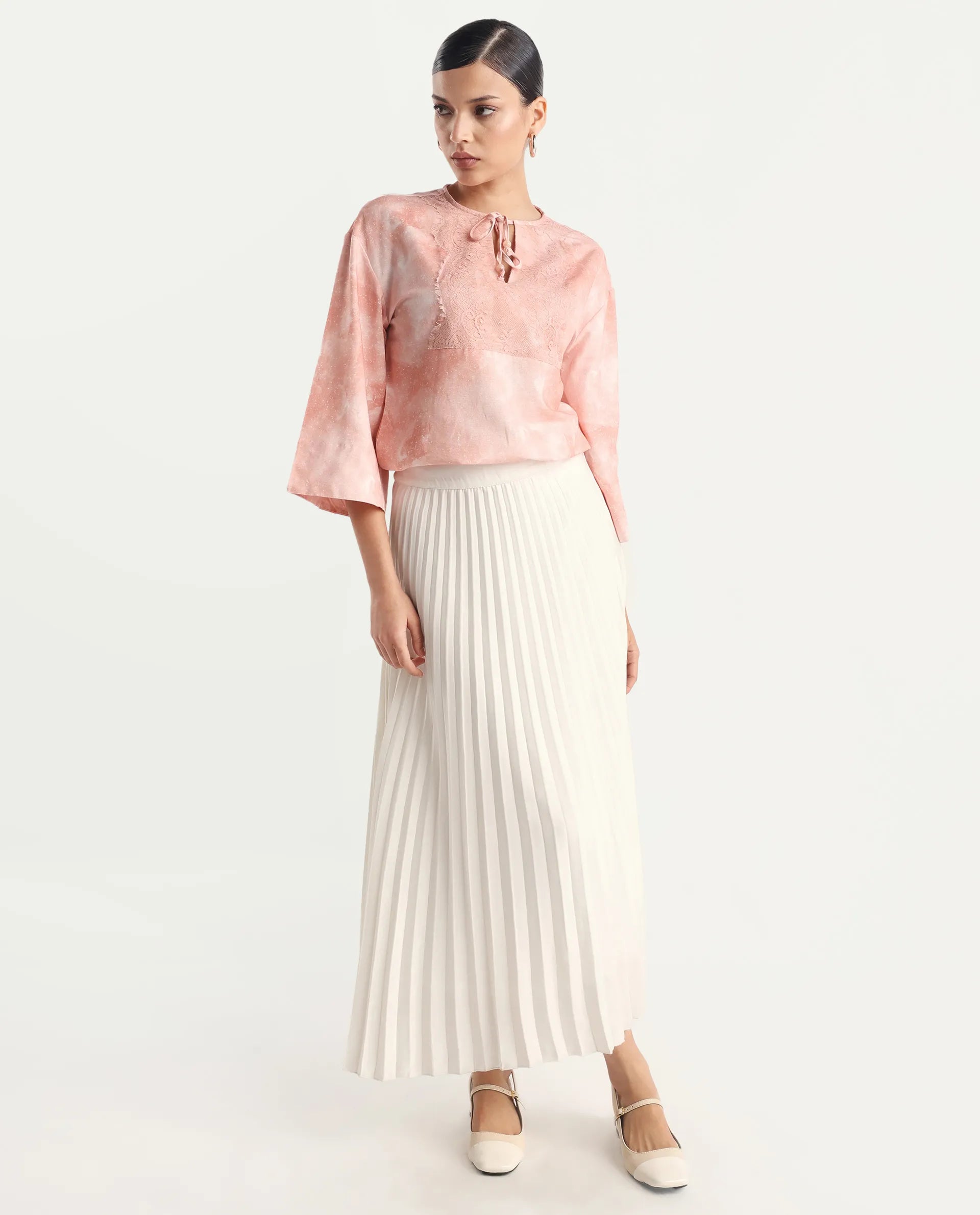 Rareism Women's Remis Dusky Pink Rayon Tie-Up Neck Abstract Print Bell Sleeve Regular Fit Top