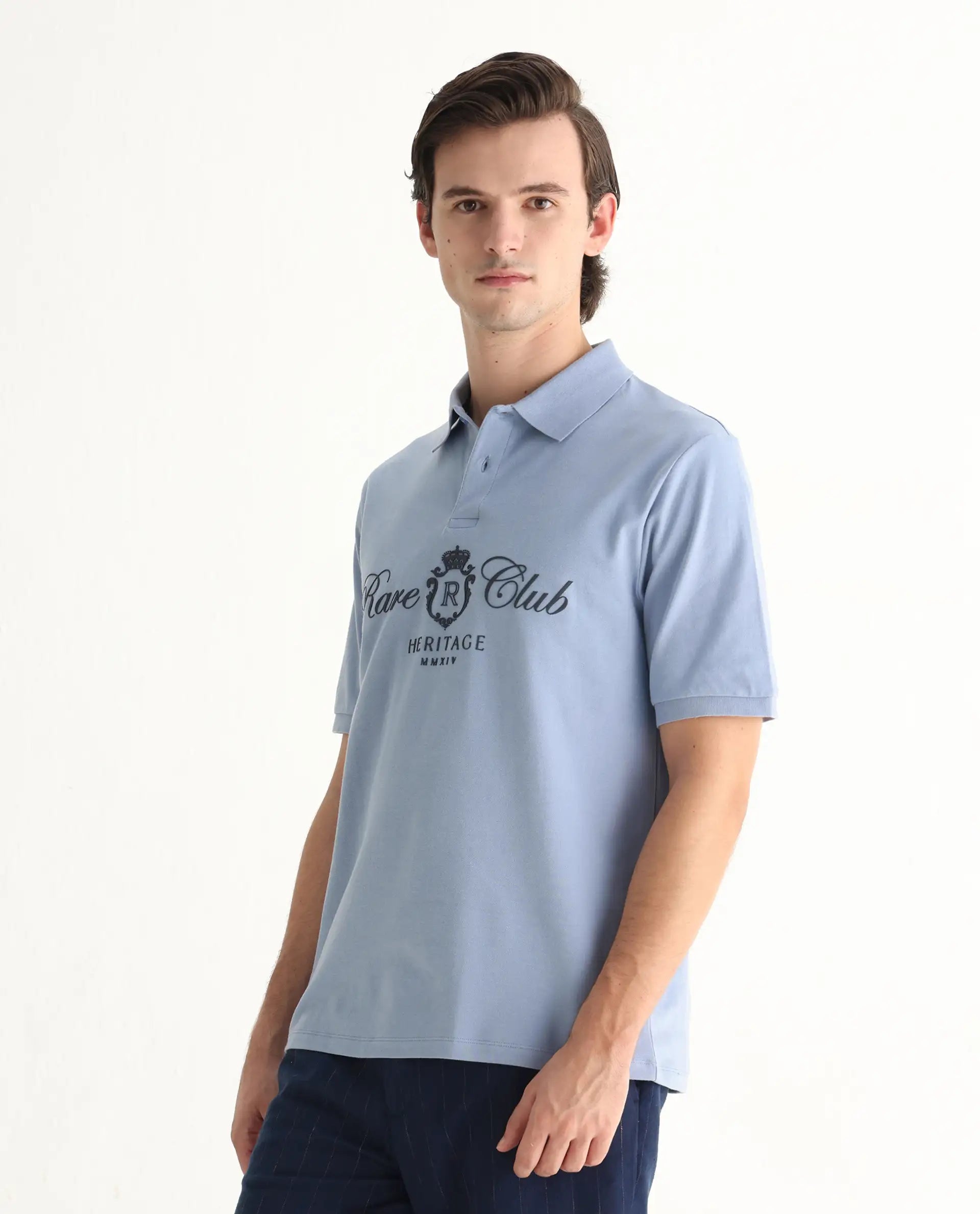 Rare Rabbit Men's Rem Light Blue Cotton Graphic Print Regular Fit Half Sleeve Polo