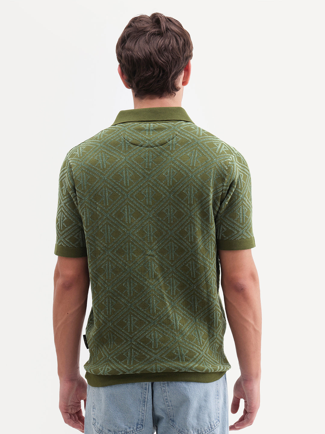 Rare Rabbit Men's Rene Dusky Green Cotton Blend Johnny Collar Regular Jacquard Polo